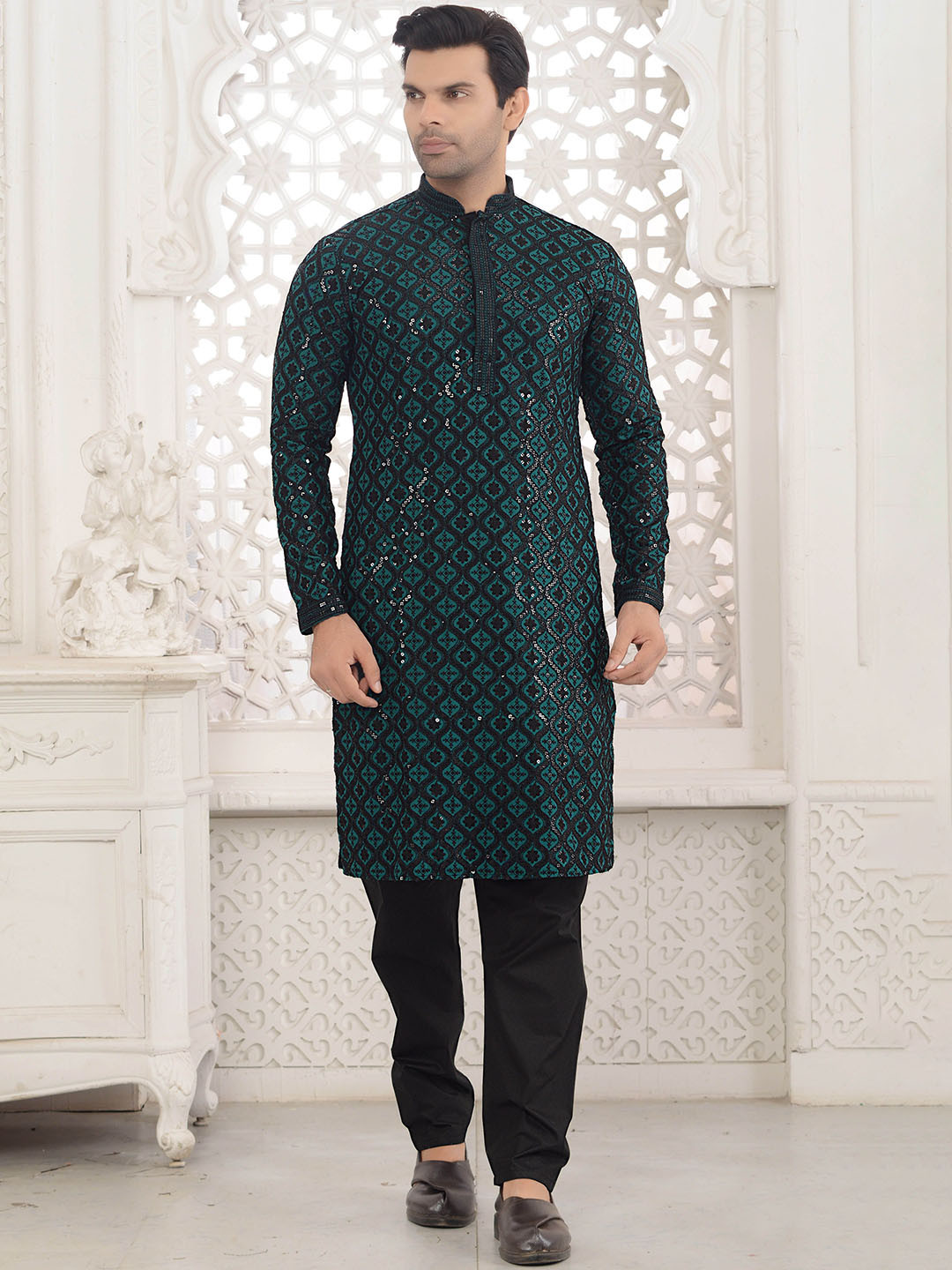 

ARRUGA Teal Green Ethnic Motifs Embroidered Sequinned Straight Kurta With Pyjama