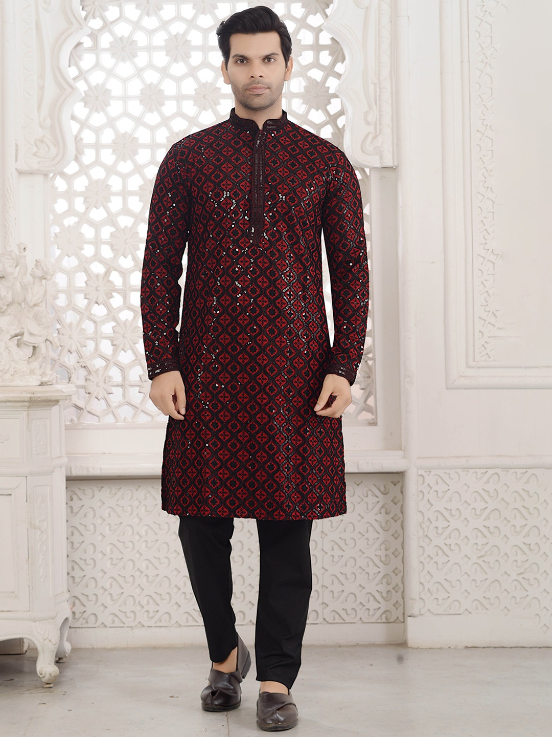 

ARRUGA Ethnic Motifs Embroidered Mandarin Collar Sequinned Kurta with Pyjamas, Maroon