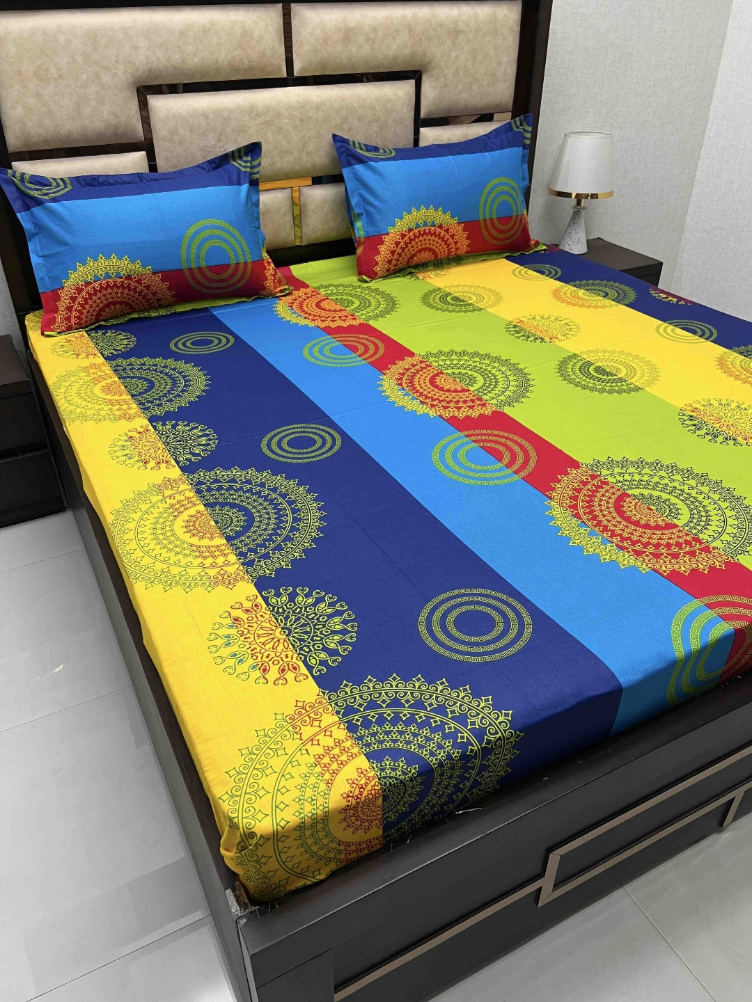 

Pure Decor Yellow & Blue Ethnic Motifs Cotton 260 TC Queen Bedsheet with 2 Pillow Covers