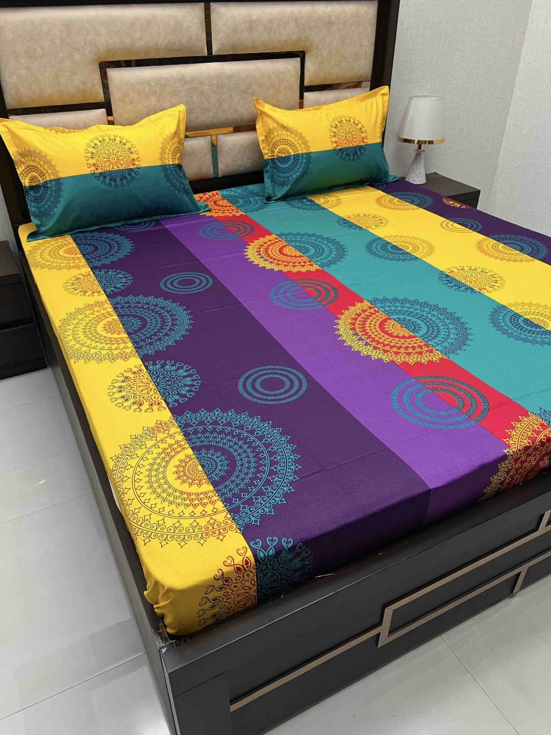

Pure Decor Purple & Yellow Printed Pure Cotton 260 TC Queen Bedsheet With 2 Pillow Covers