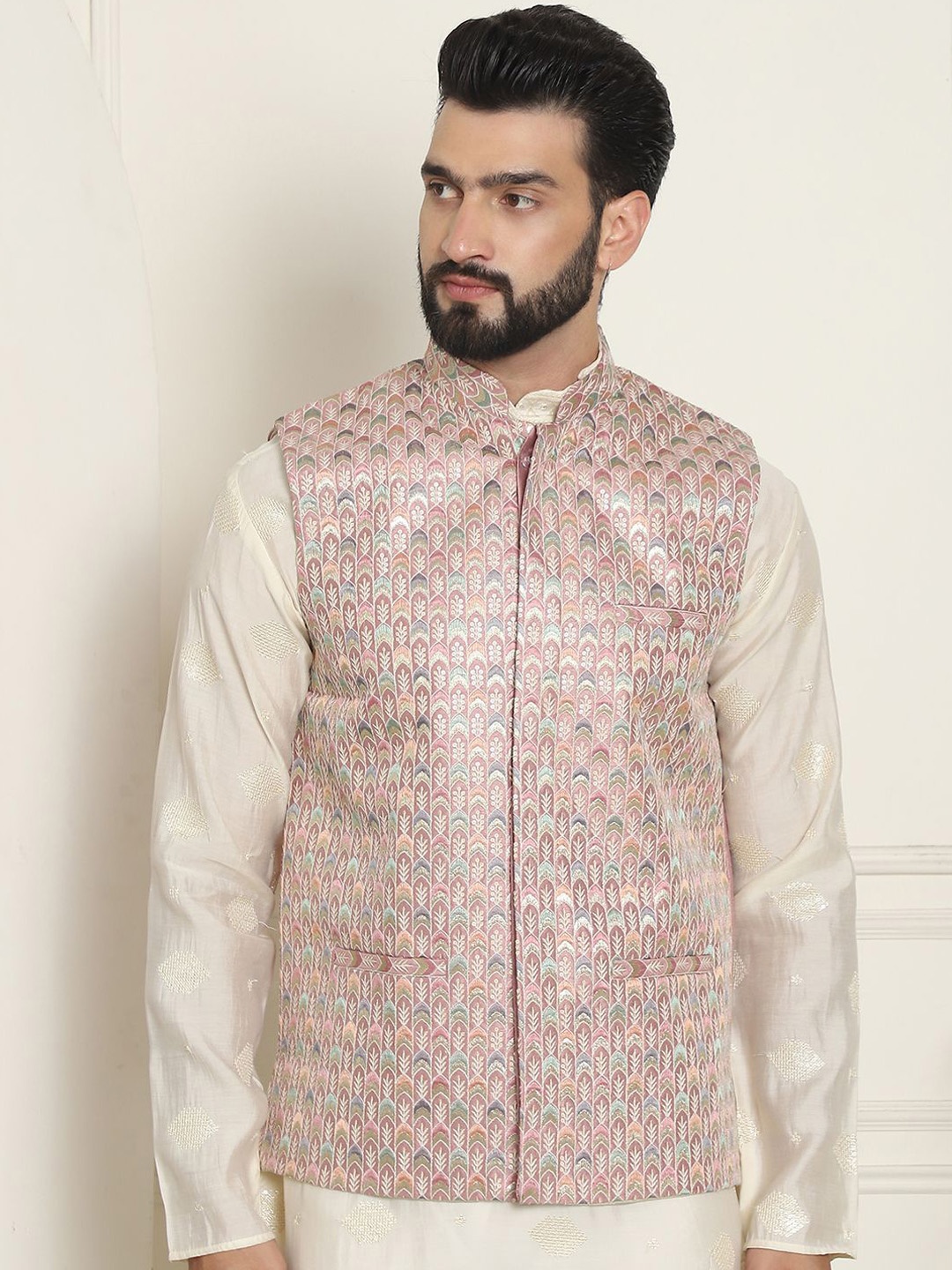 

SOJANYA Embroidered Woven Nehru Jackets, Peach