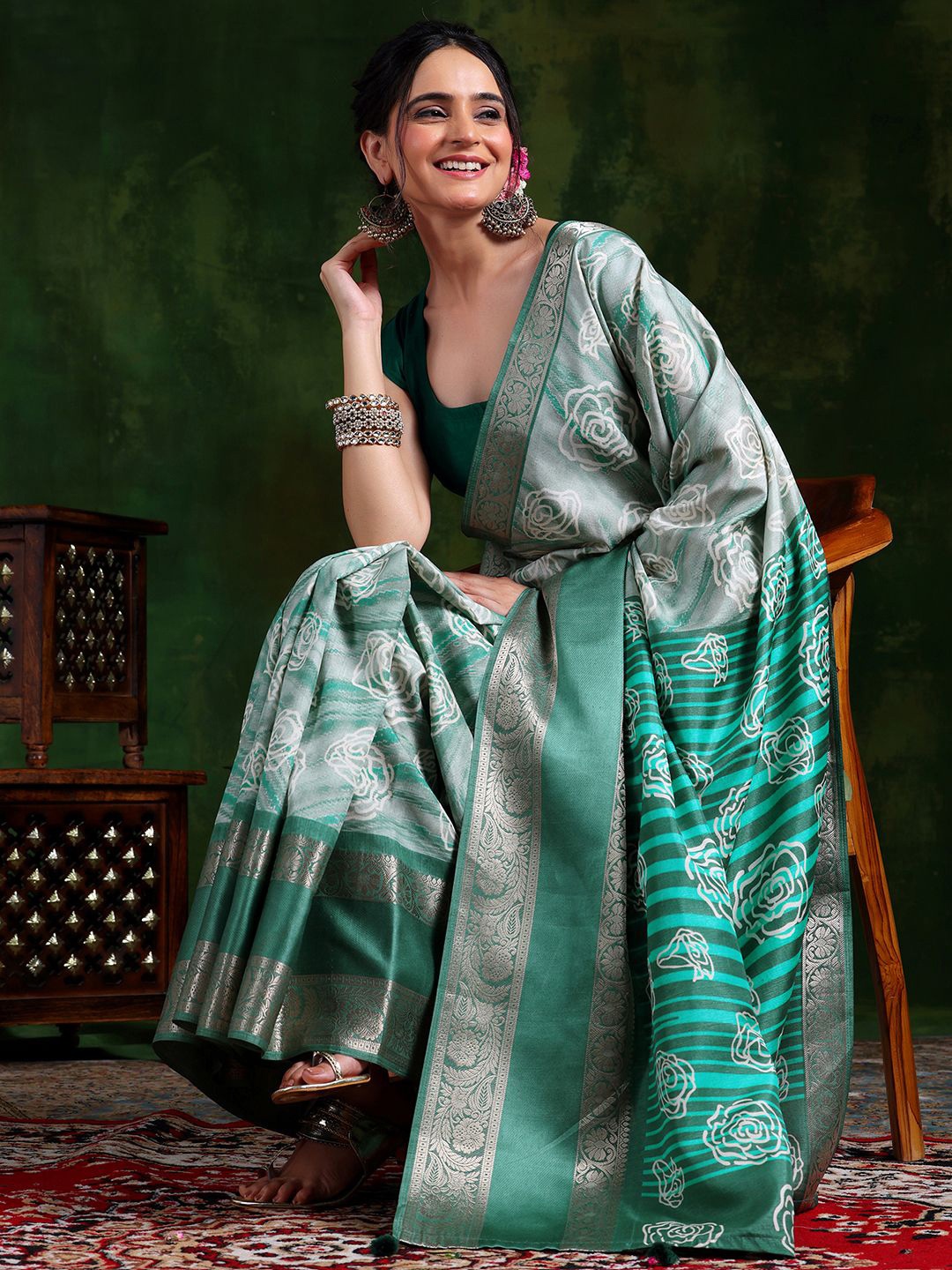 Libas Floral Zari Saree, Green