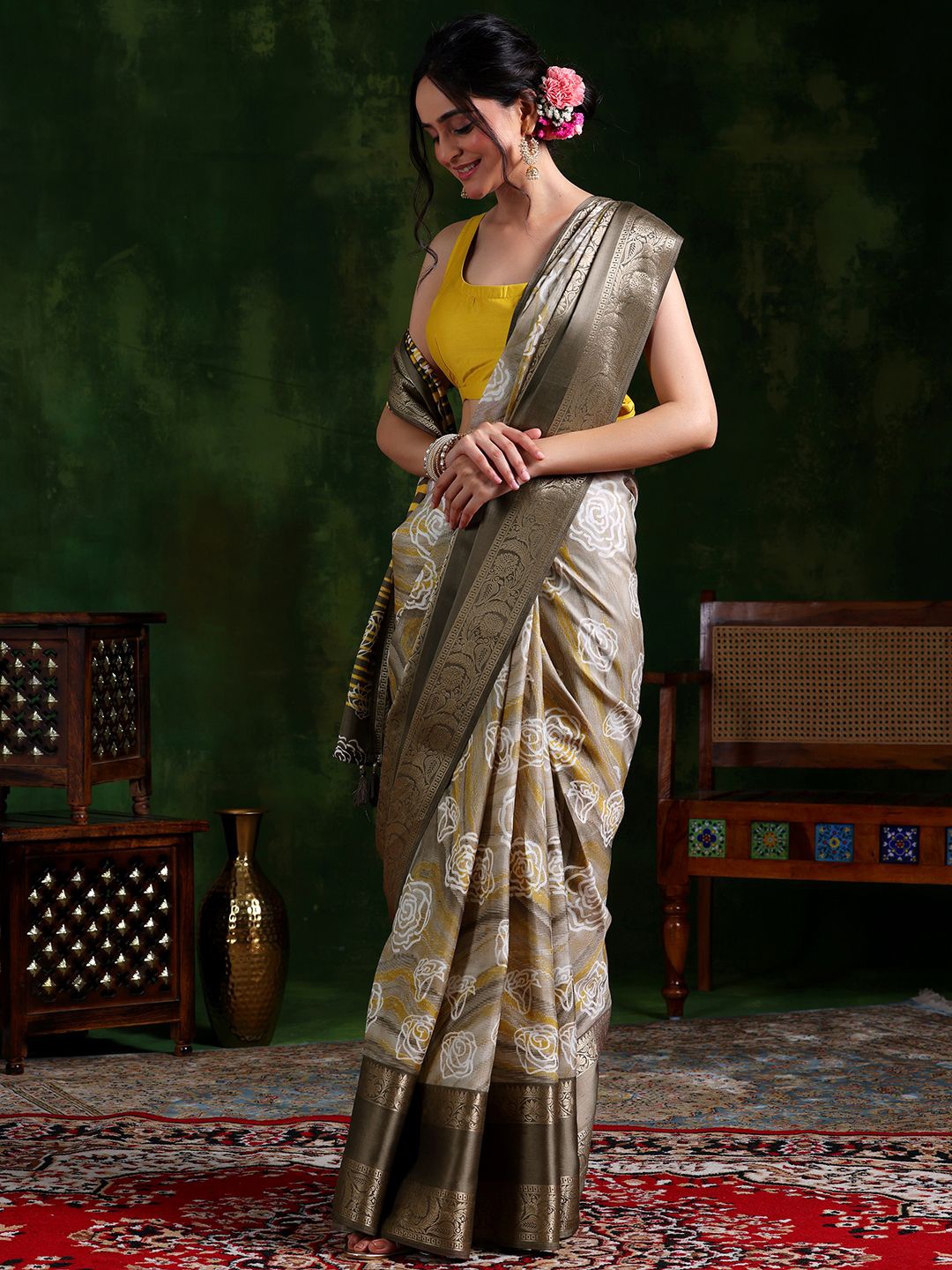 

Libas Floral Zari Saree, Taupe