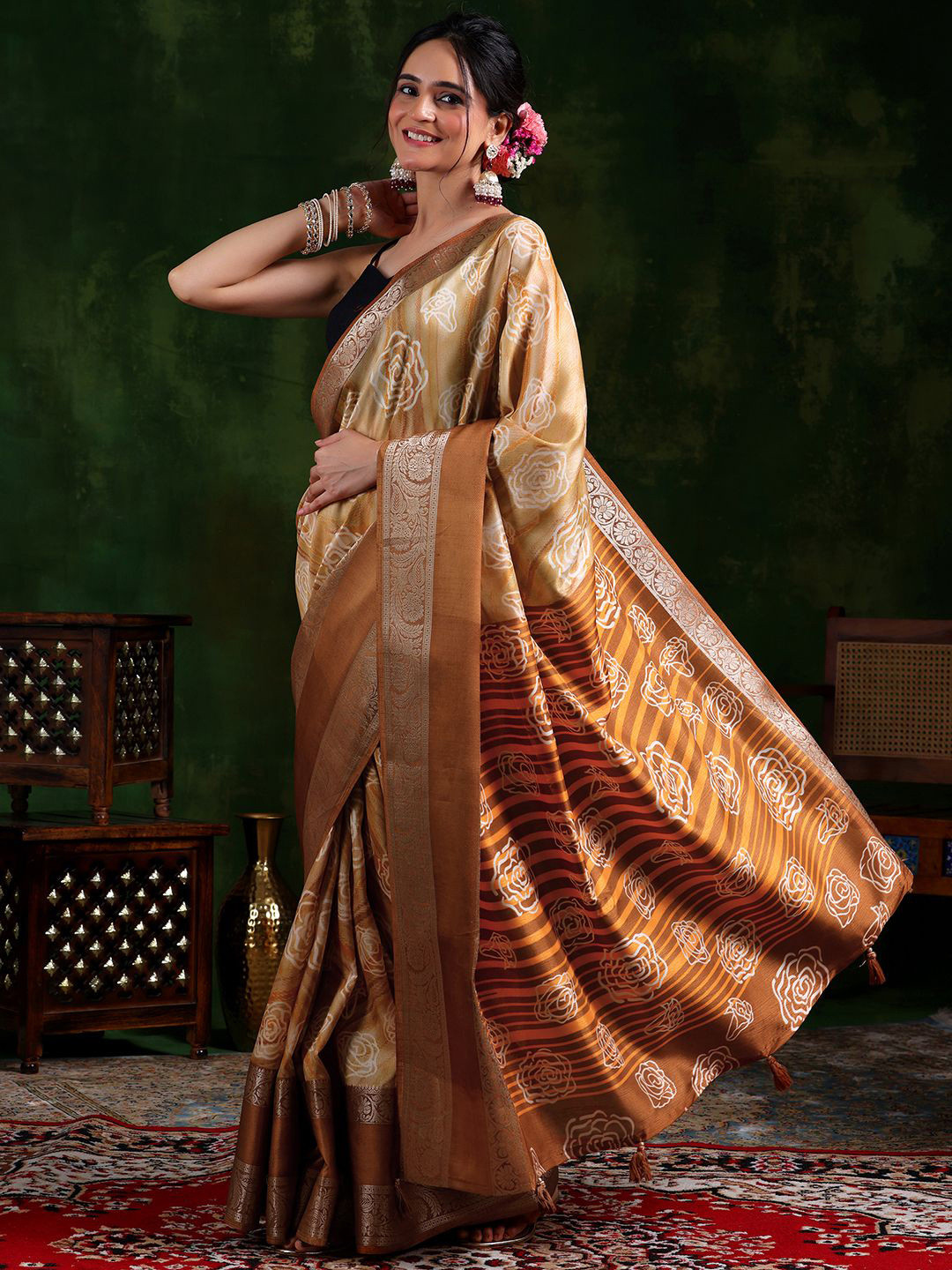 

Libas Woven Design Zari Floral Saree, Brown