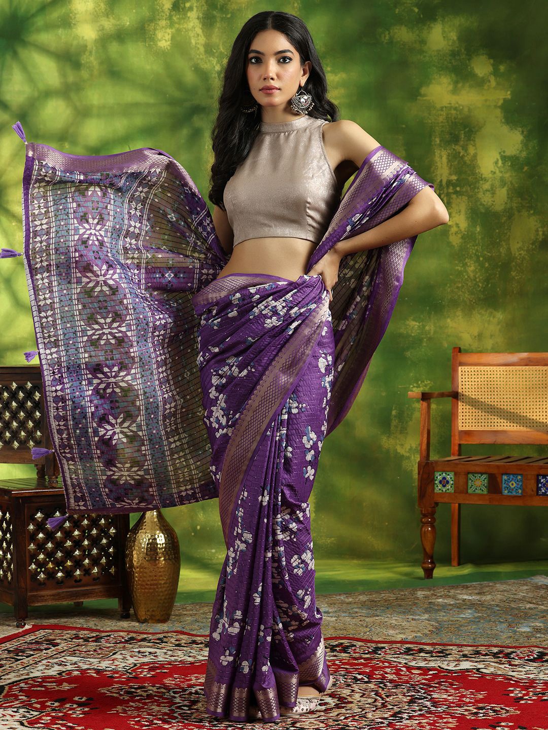 

Libas Floral printed Zari Saree, Lavender