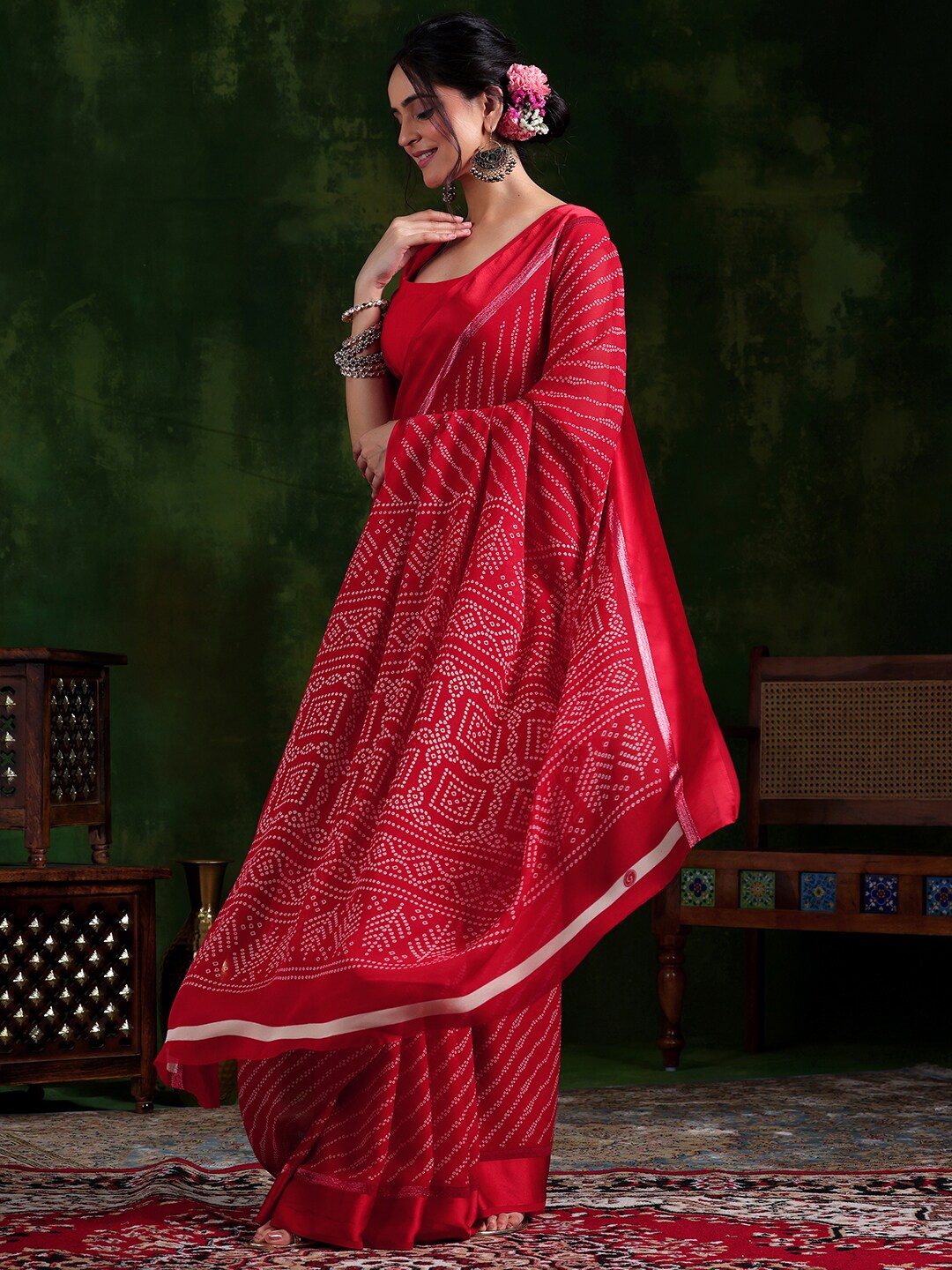 

Libas Bandhani printed Satin Saree, Red