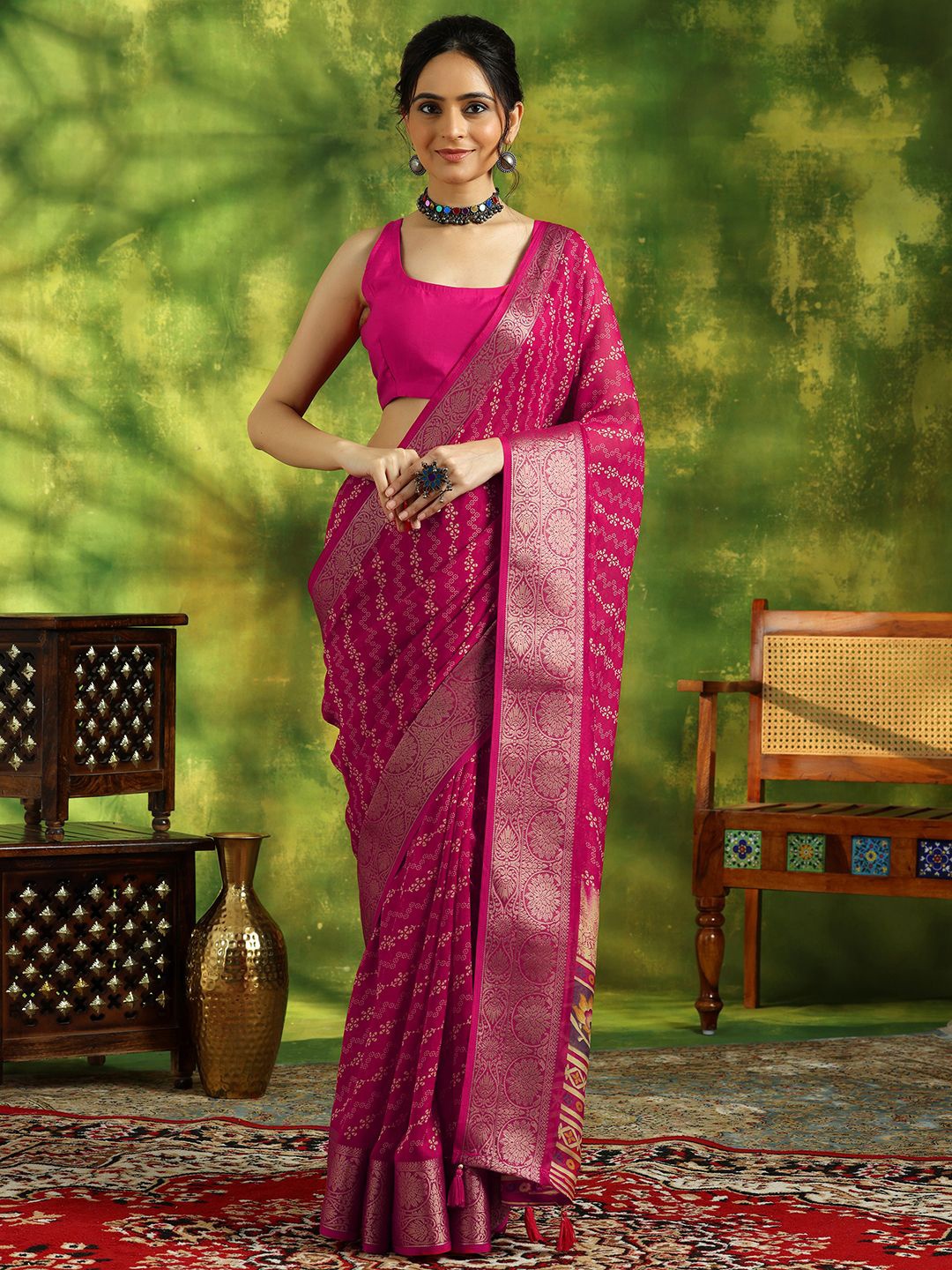 Libas Printed Woven Design Zari Saree, Fuchsia