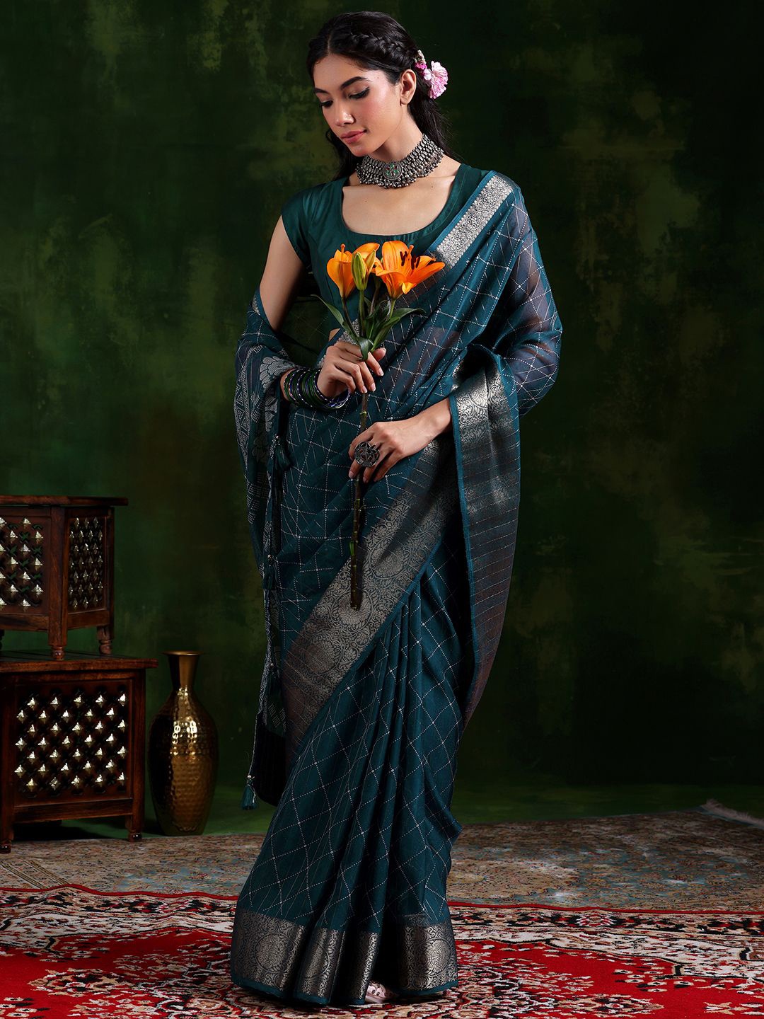 

Libas Geometric Printed Zari Saree, Blue