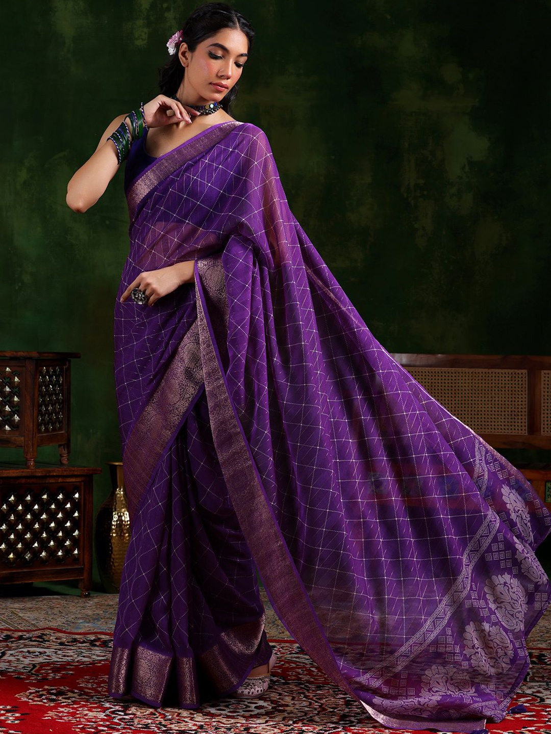 

Libas Checked Zari Saree, Purple