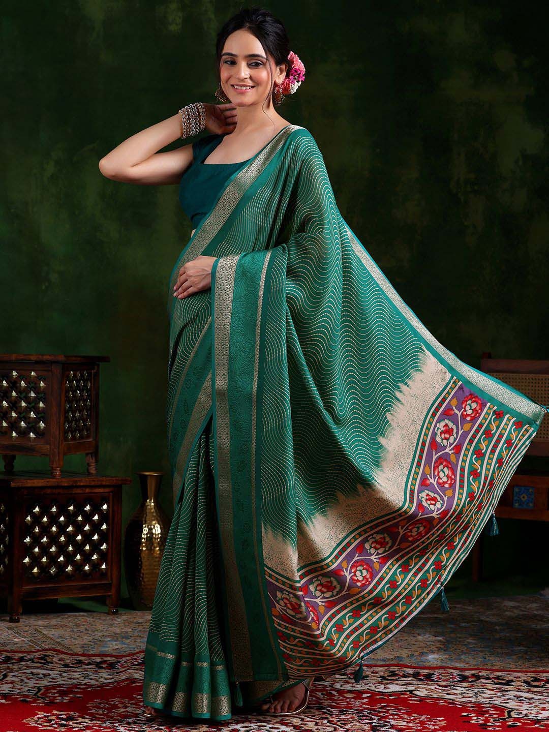 

Libas Striped Zari Printed Saree, Green