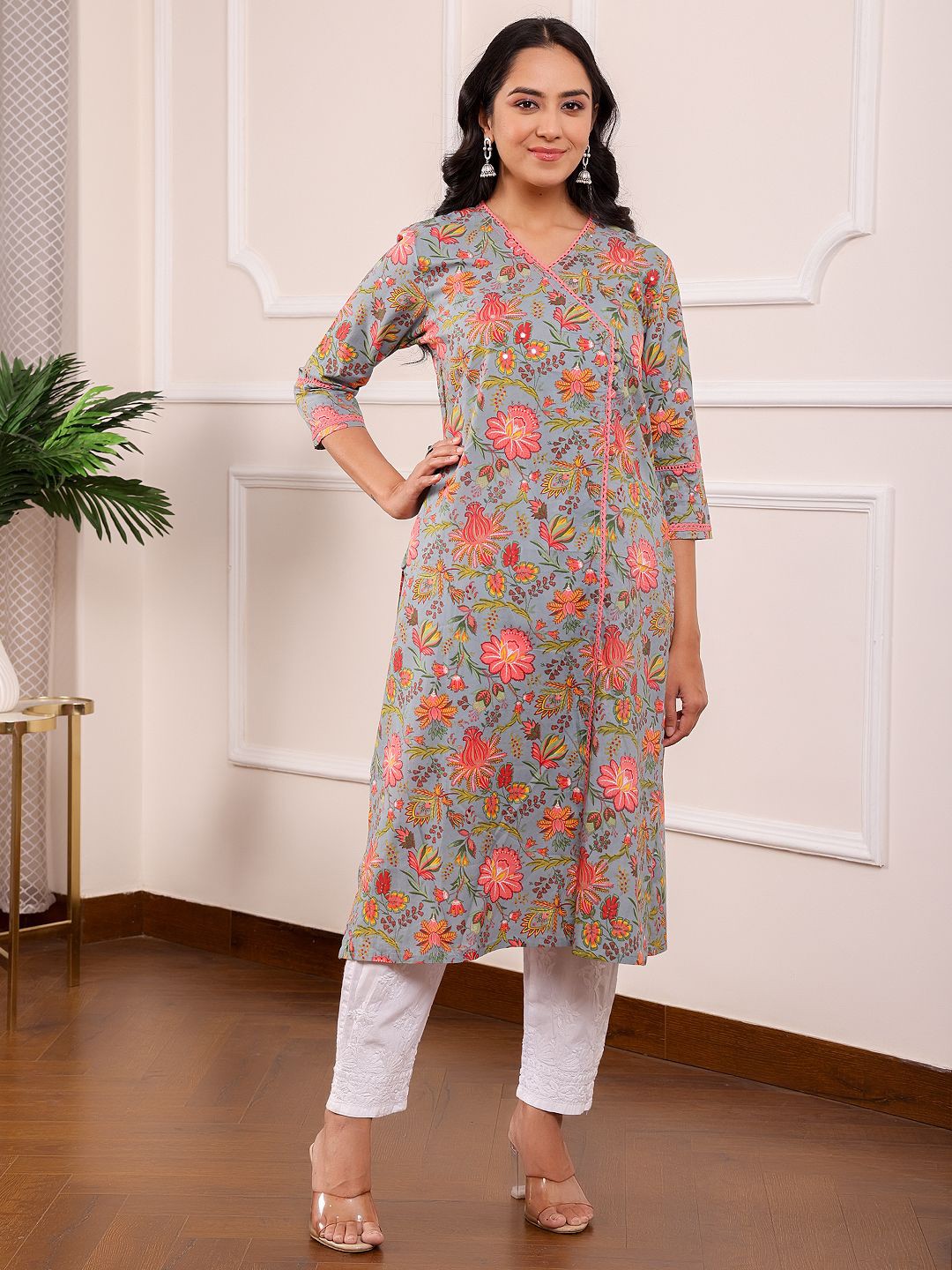 

Chowkhat V Neck Floral Printed Mirror Work Pure Cotton Straight Kurta, Pink