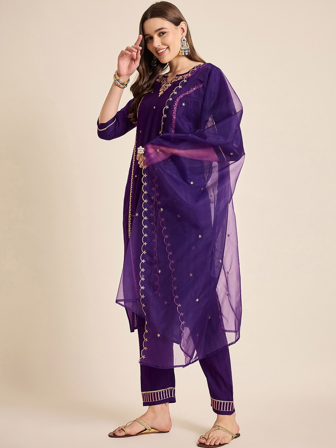 

SheWill Women Floral Embroidered Regular Sequinned Kurta with Trousers & Dupatta, Purple