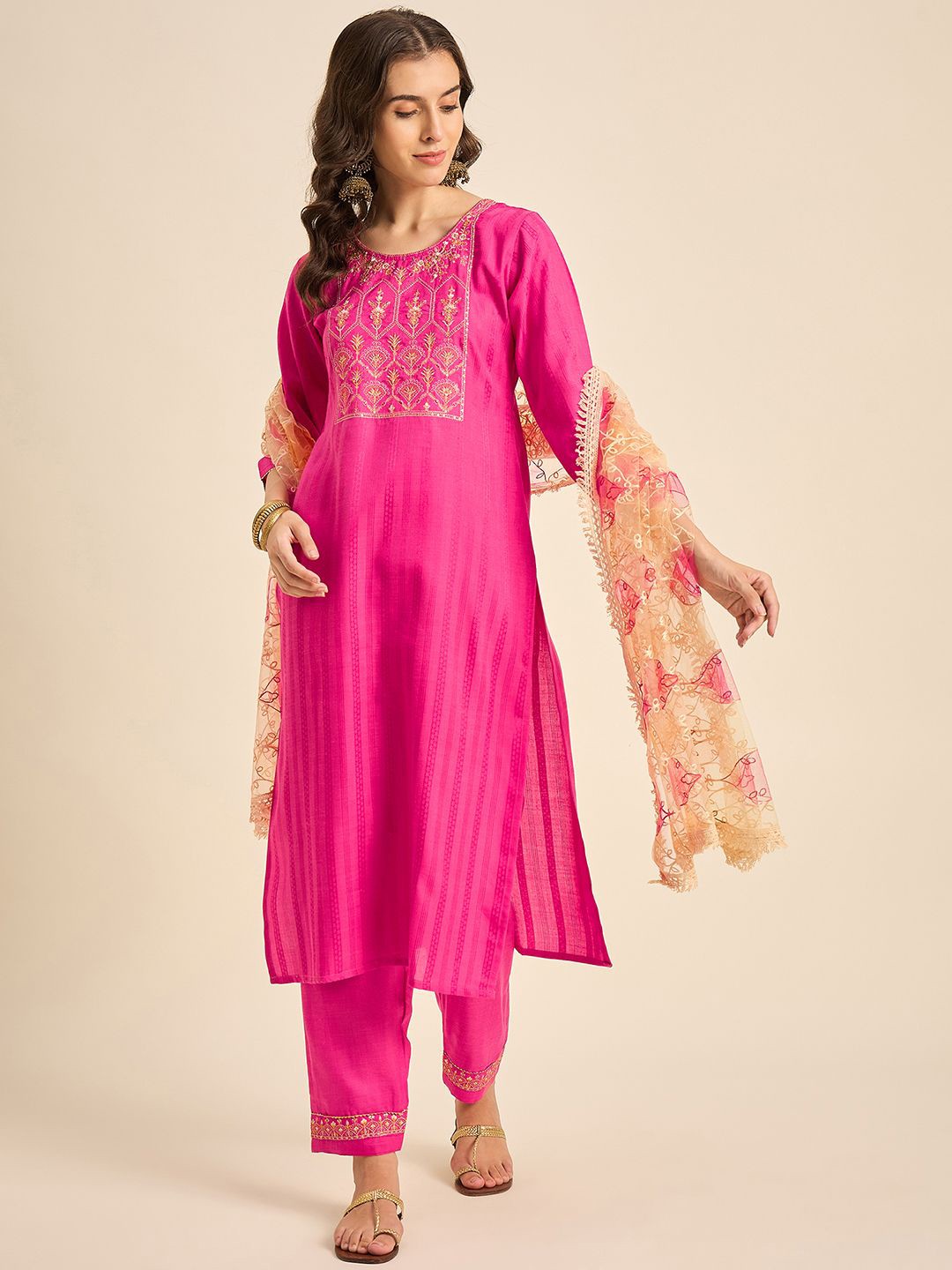 

SheWill Pink Floral Yoke Design Zari Straight Kurta With Trousers & Dupatta