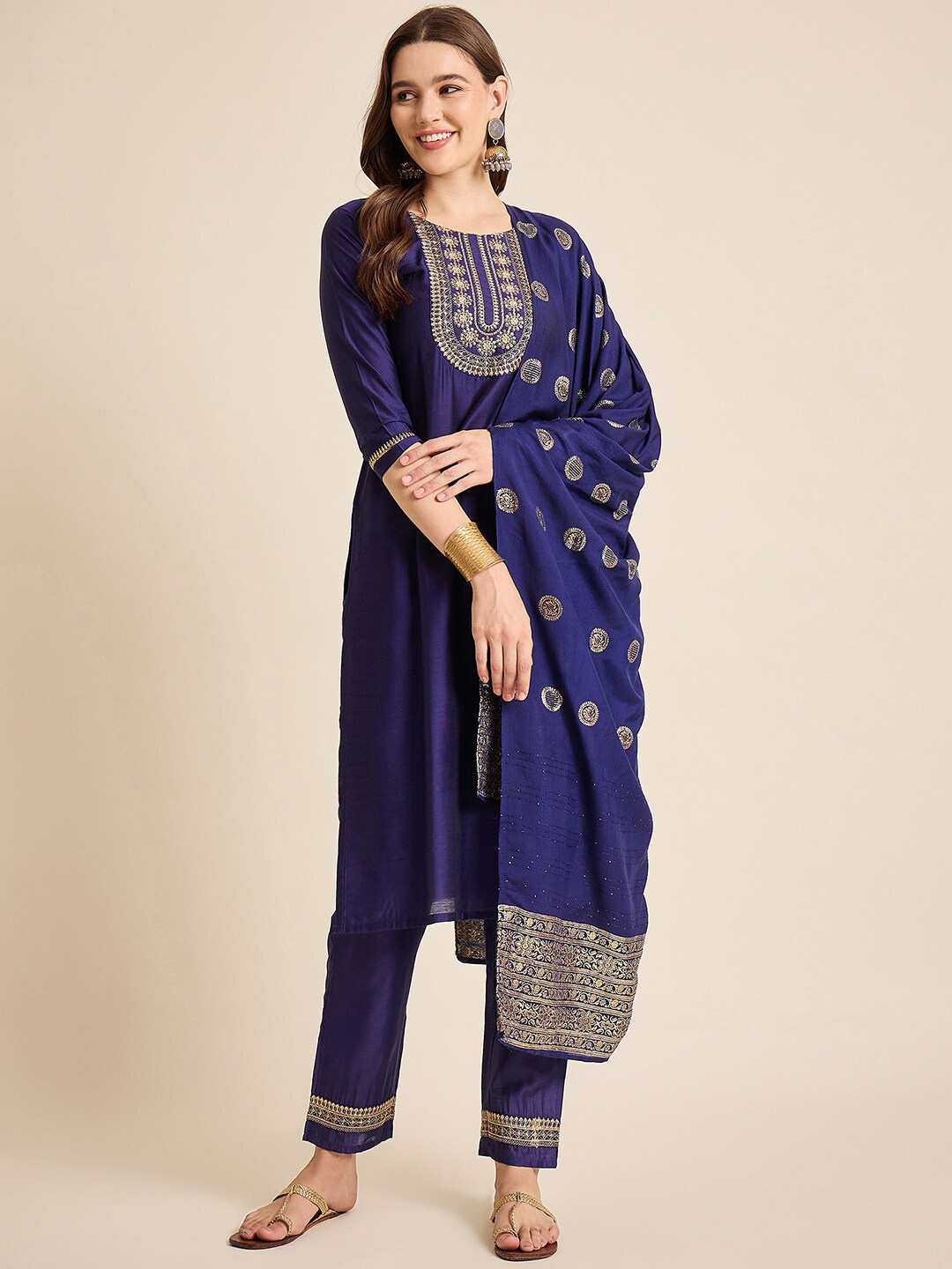 

SheWill Women Floral Embroidered Regular Sequinned Kurta with Trousers & Dupatta, Blue