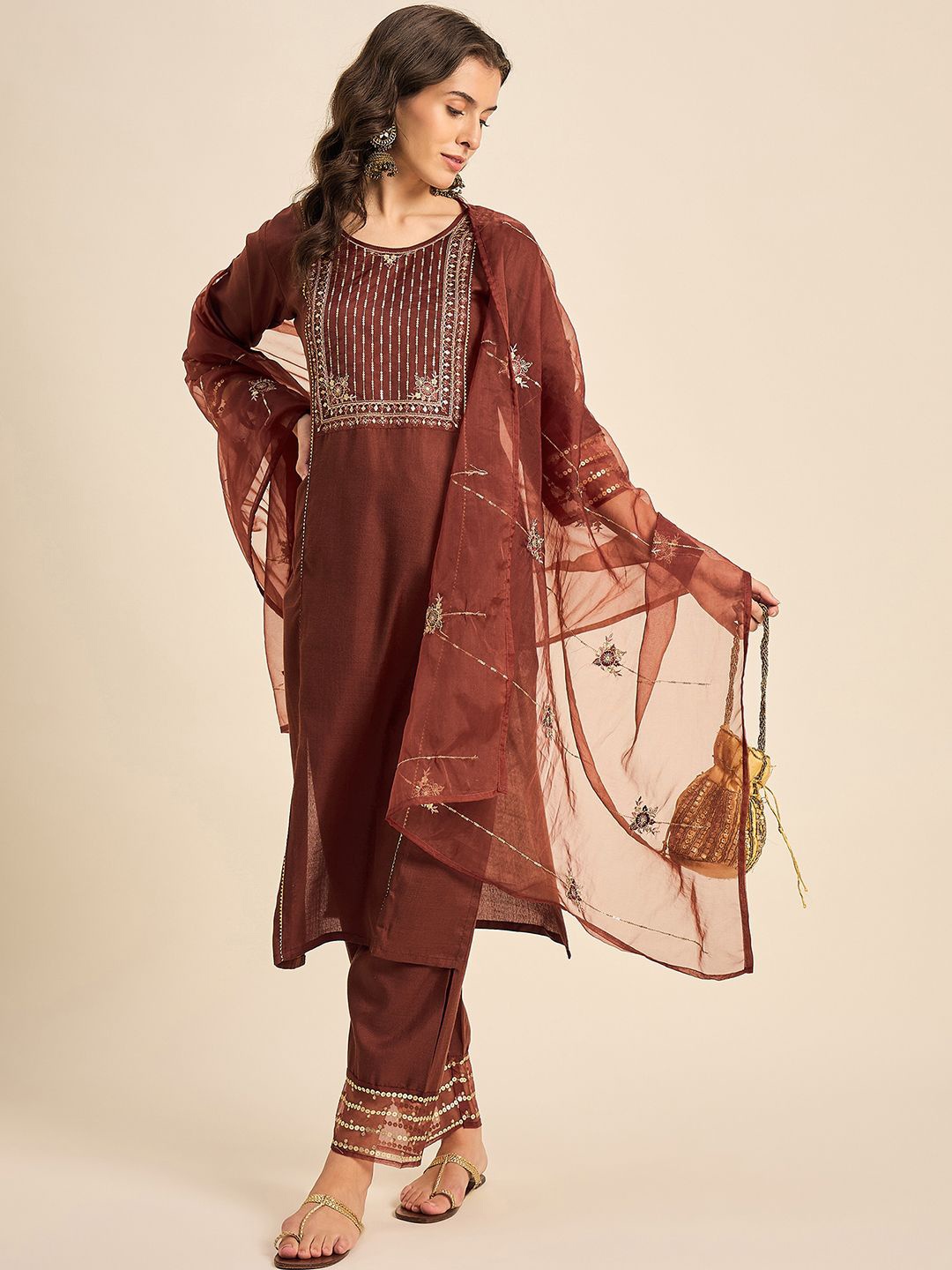 

SheWill Maroon Round Neck Embroidered Regular Sequinned Straight Kurta Set