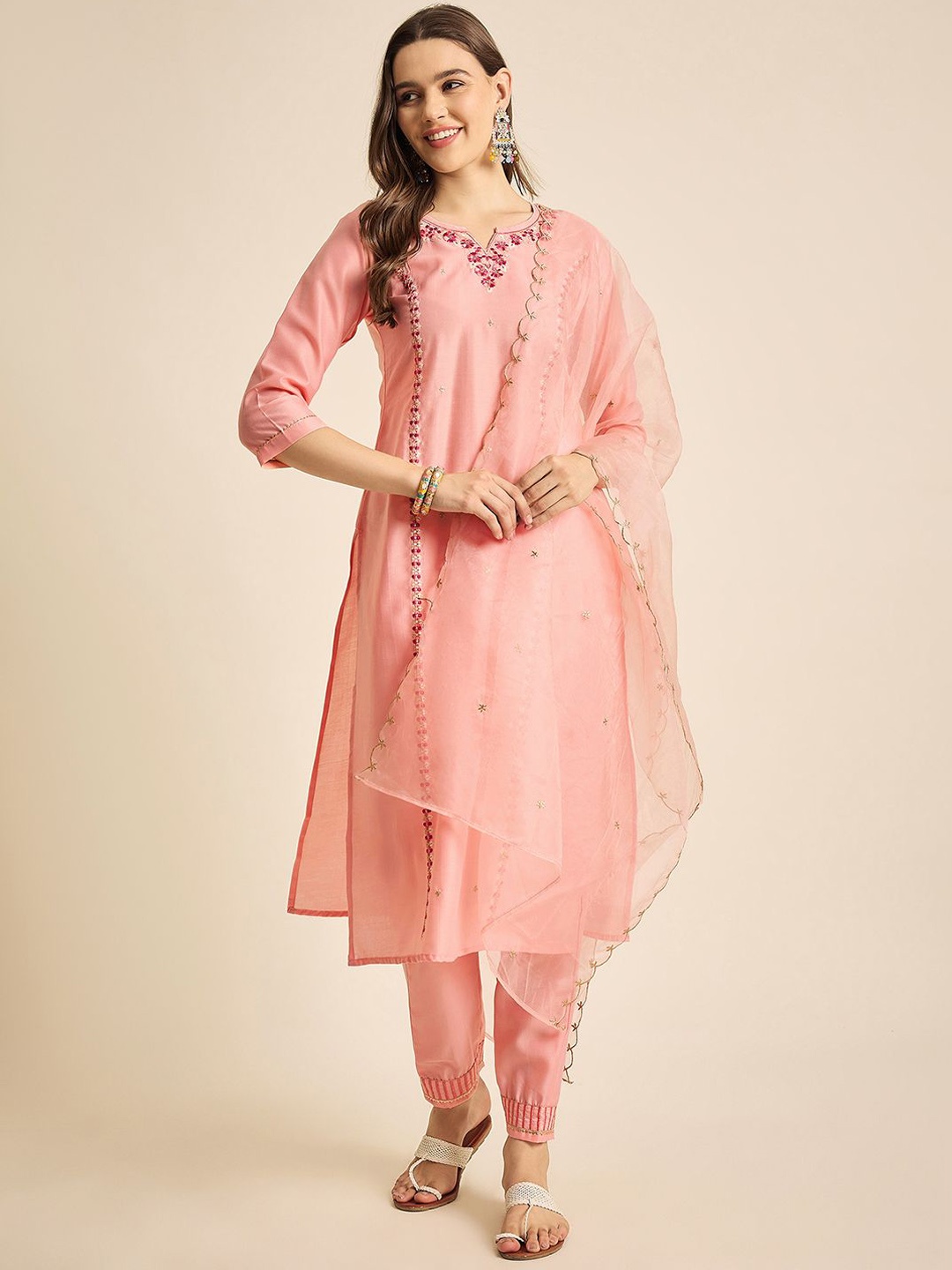 

SheWill Peach Embroidered Notch Neck Thread Work Straight Kurta With Trousers & Dupatta