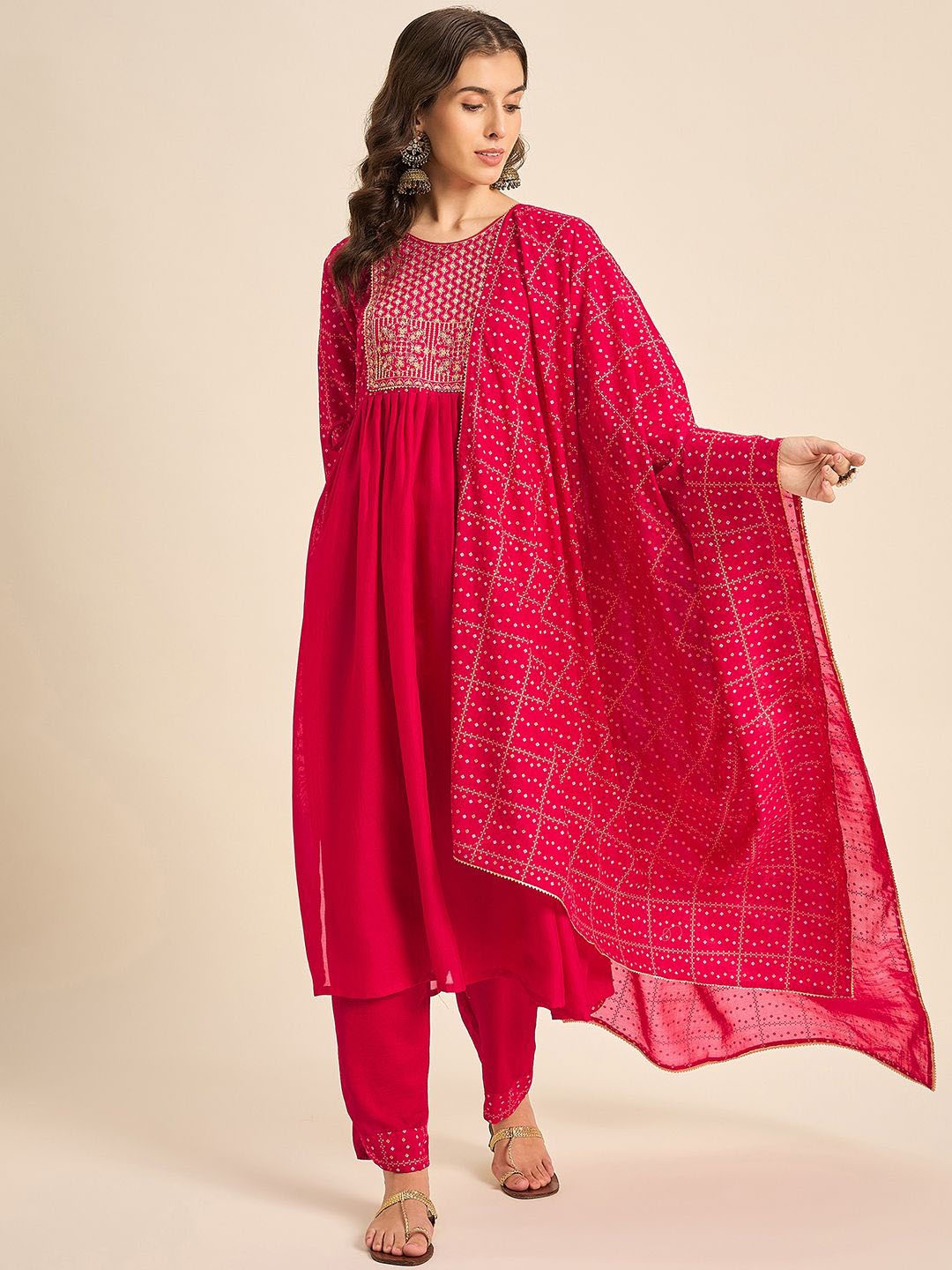 

SheWill Round Neck Embroidered Regular Sequinned A-Line Kurta Set, Pink