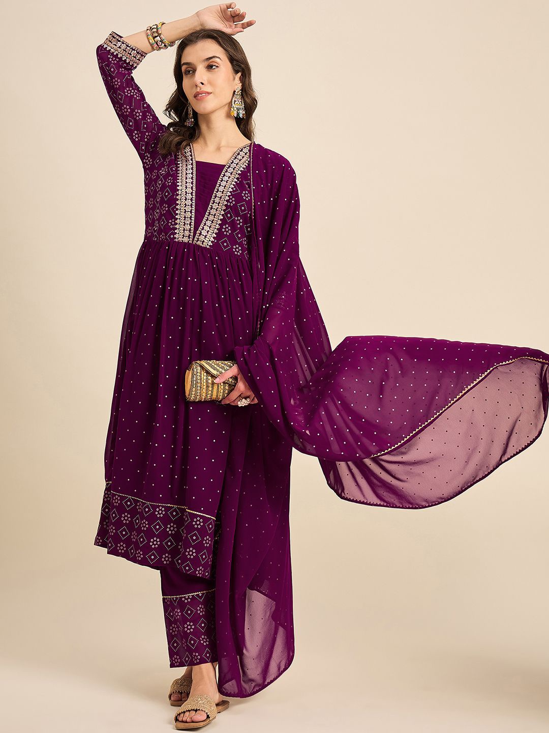 

SheWill Purple Geometric Printed Sequinned A-Line Kurta With Trousers & Dupatta
