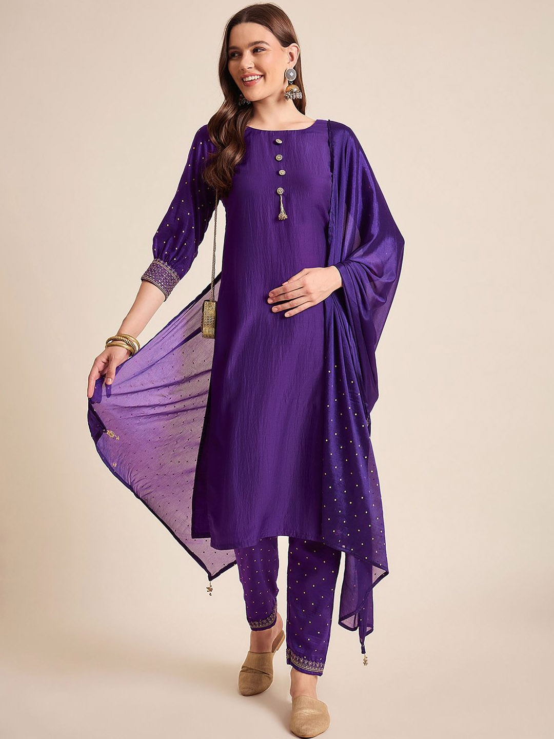 

SheWill Women Embroidered Regular Thread Work Kurta with Trousers & With Dupatta, Purple