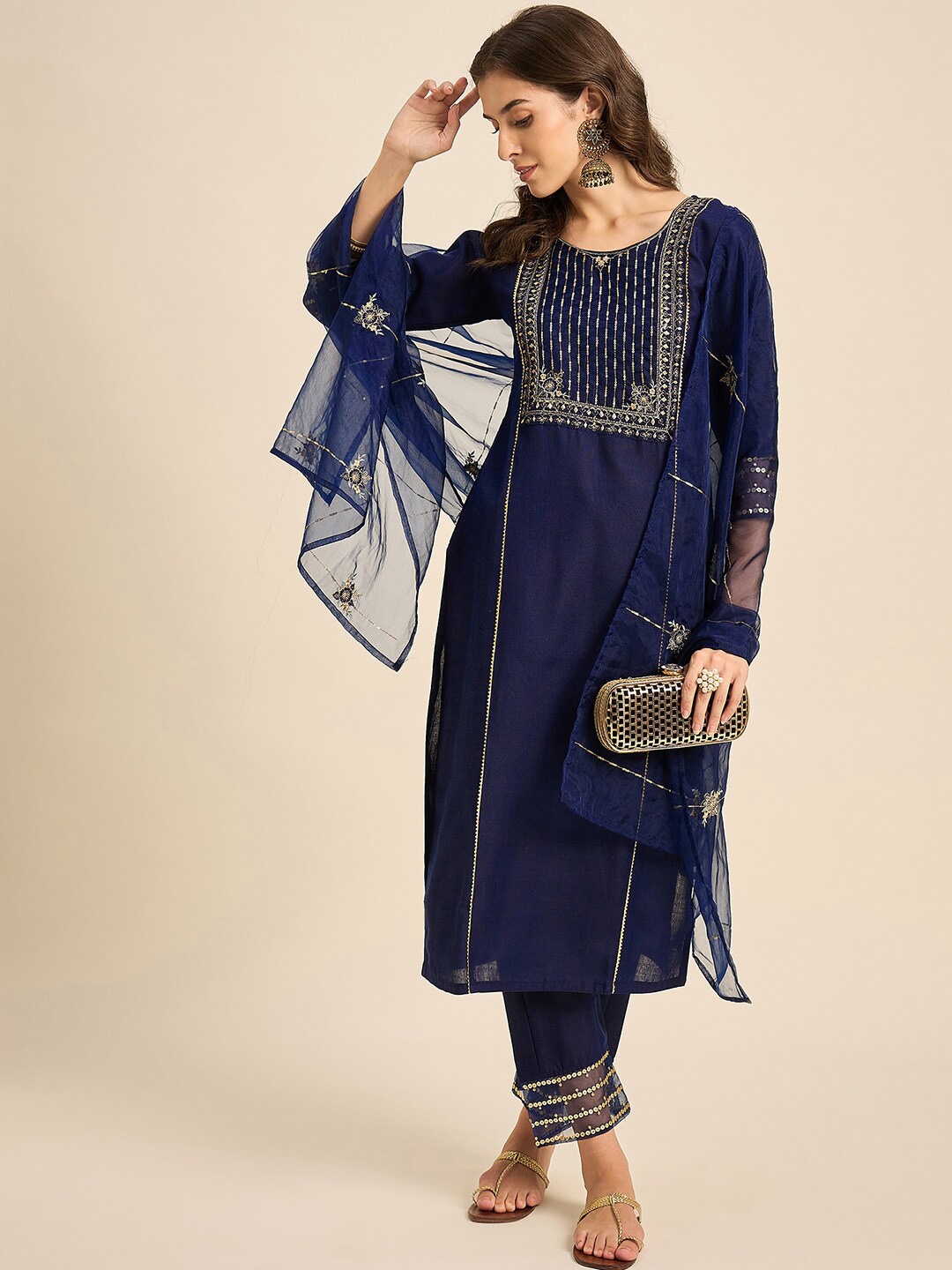 

SheWill Blue Floral Yoke Design Sequinned Straight Kurta With Trousers & Dupatta