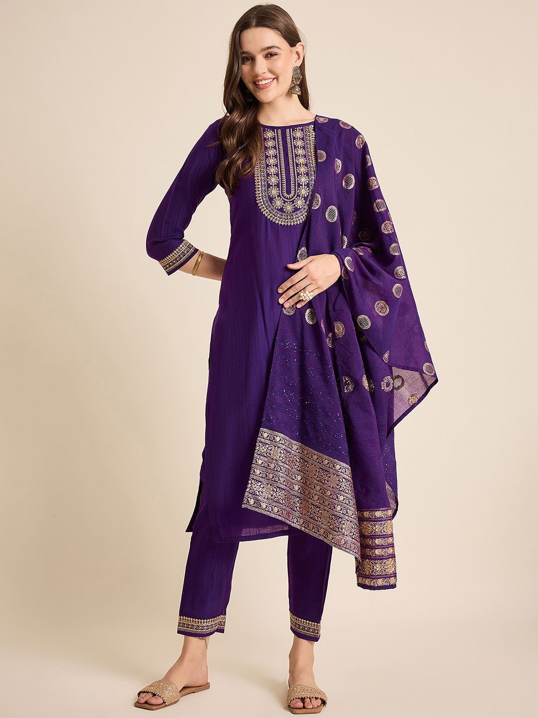 

SheWill Purple Floral Yoke Design Zari Straight Kurta With Trousers & Dupatta