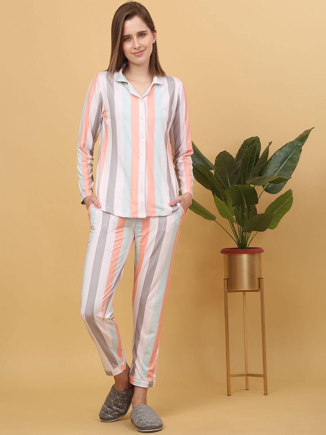 

Sweet Dreams Women Striped Polyester Night suit, Beige