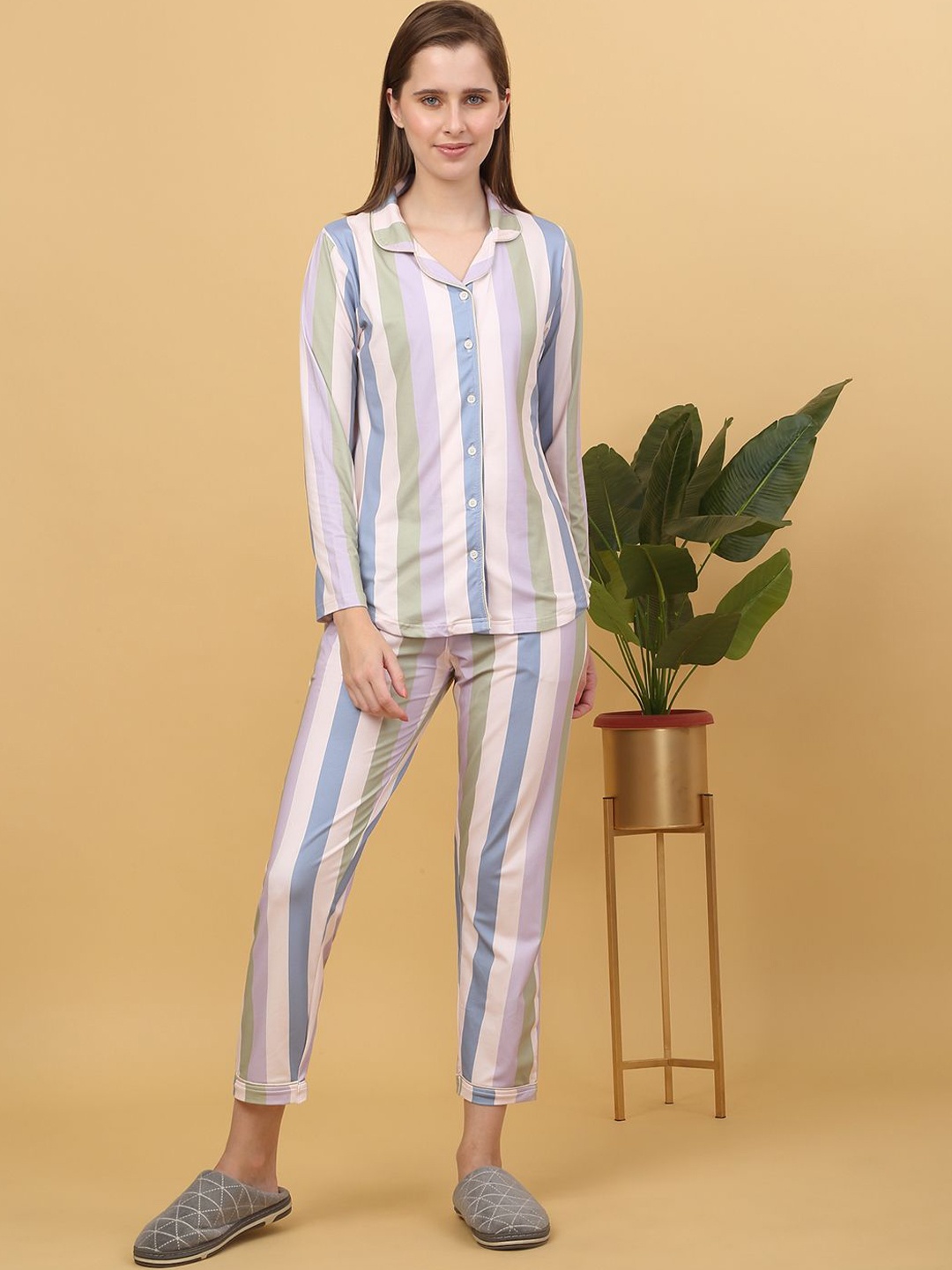 

Sweet Dreams Women Striped Night suit, Peach