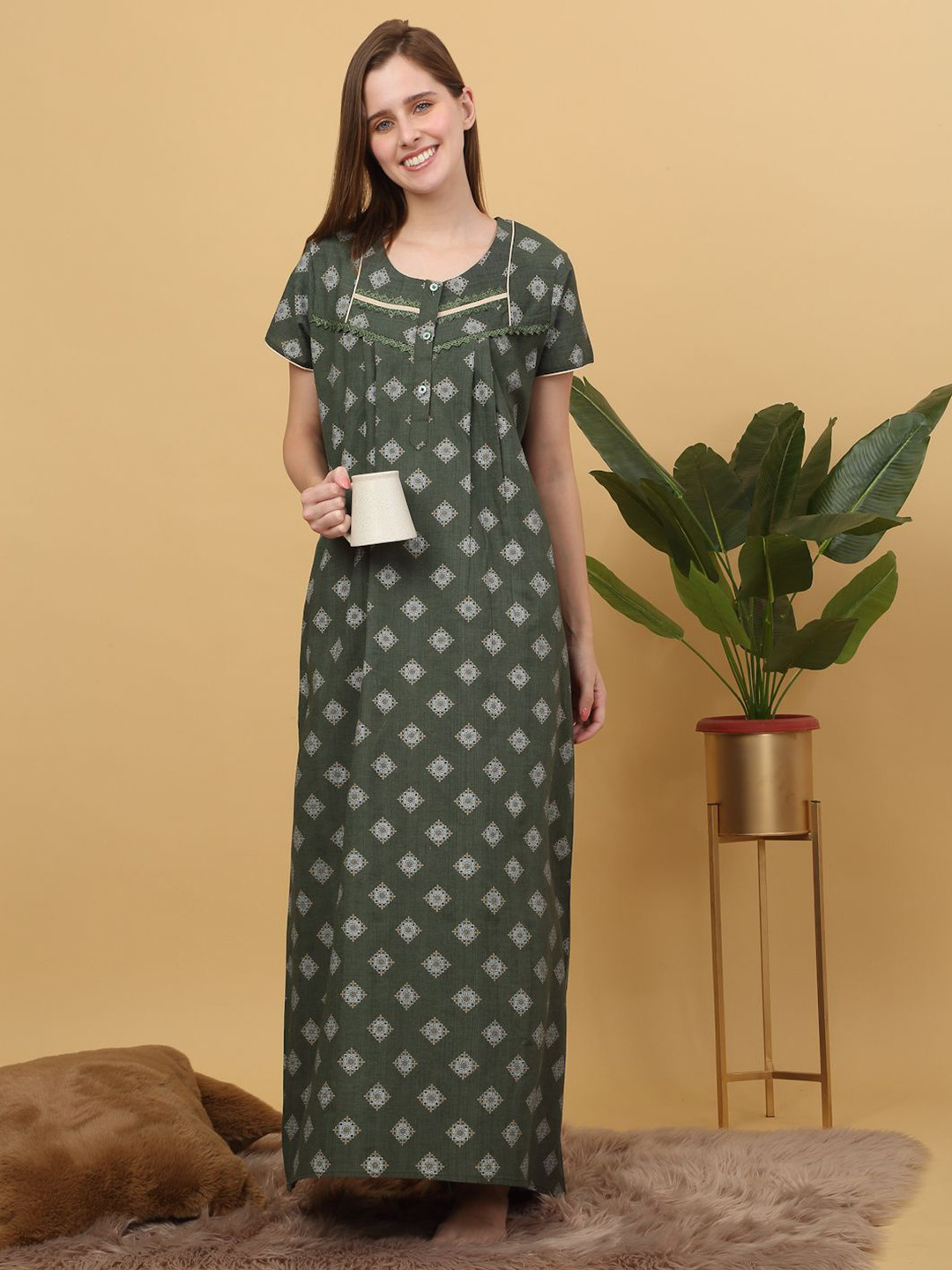

Sweet Dreams Printed pure cotton Maxi Nightdress, Green