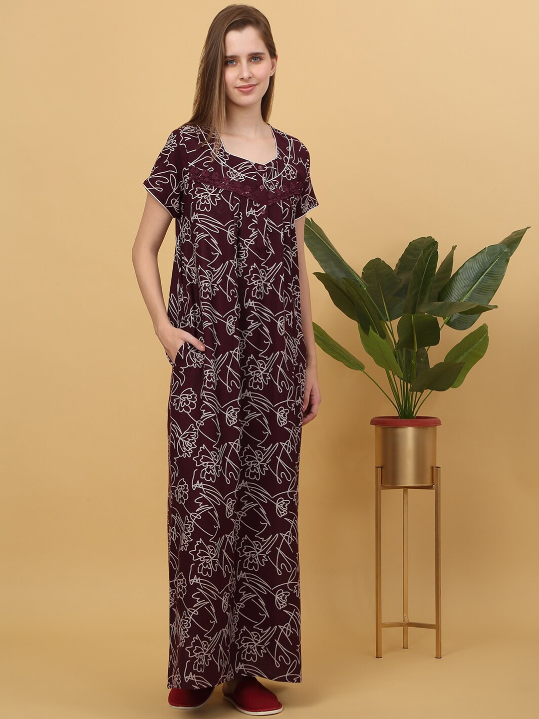 

Sweet Dreams Printed pure cotton Maxi Nightdress, Maroon