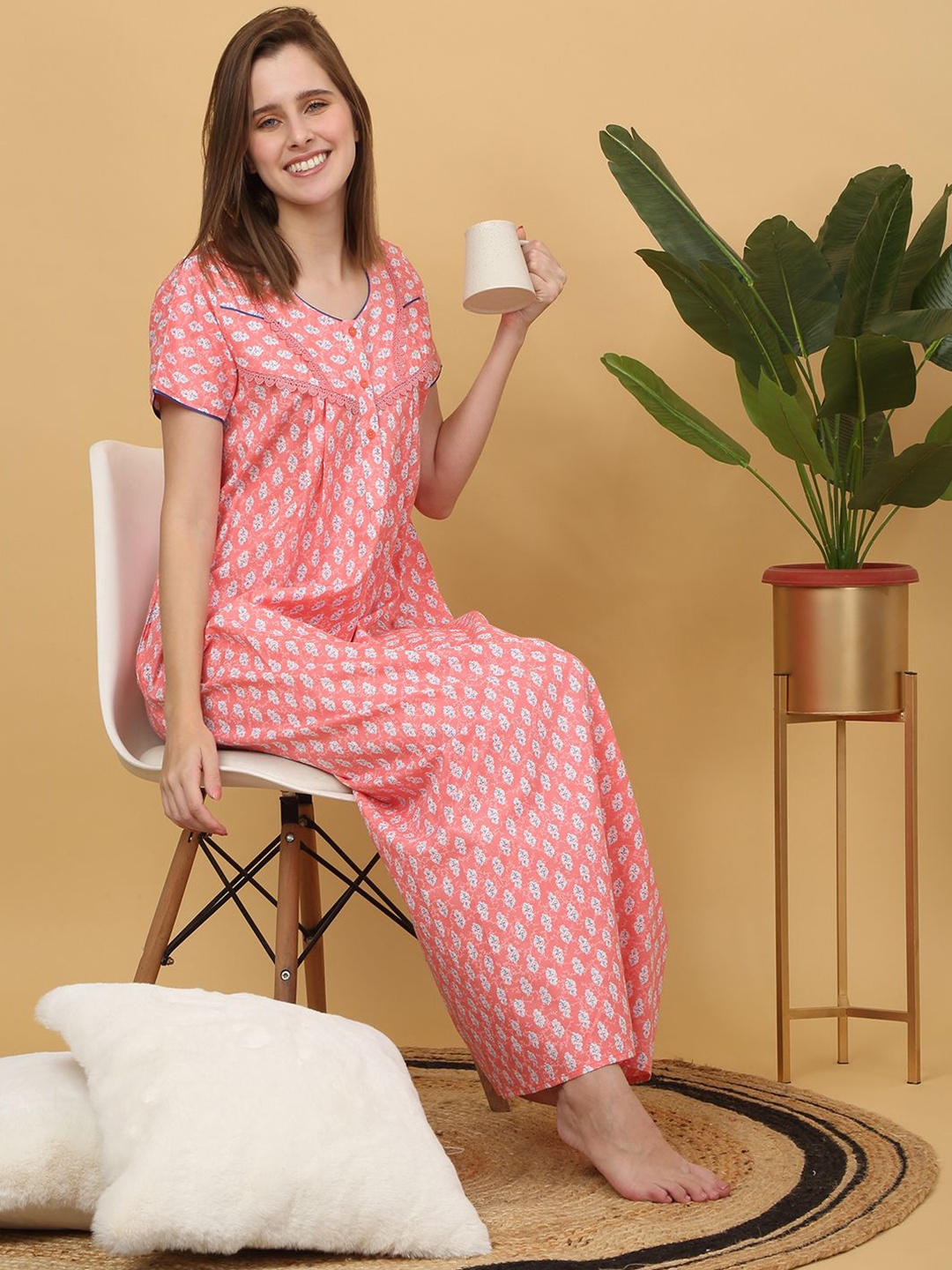 

Sweet Dreams Printed pure cotton Maxi Nightdress, Peach
