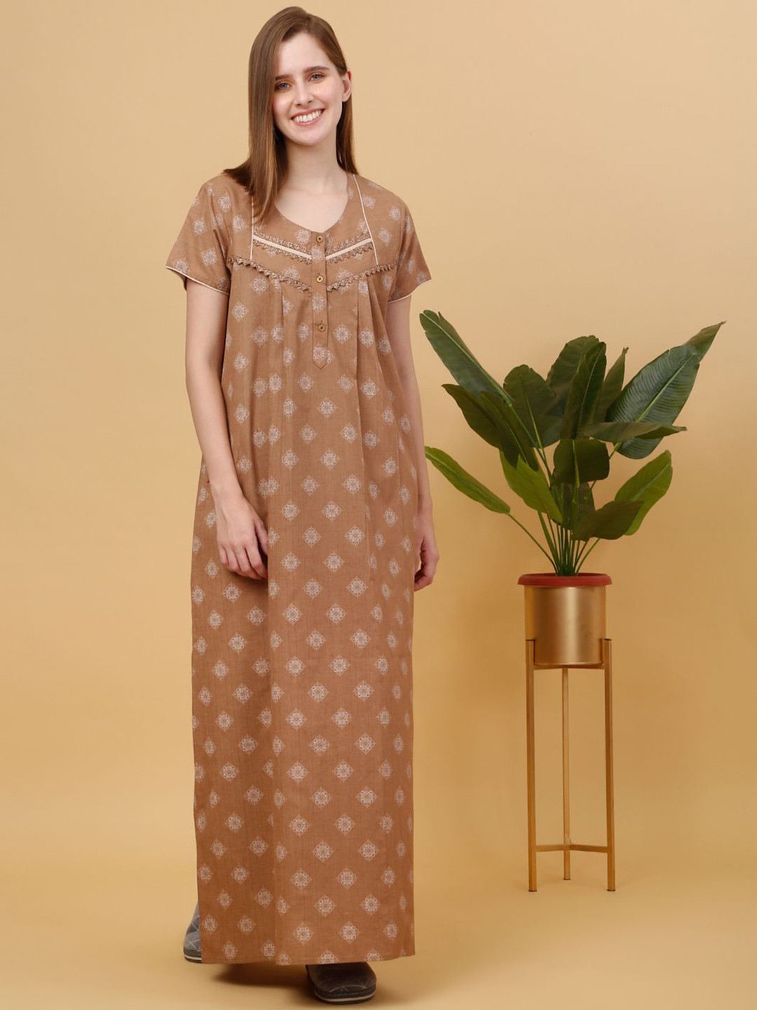 

Sweet Dreams Printed pure cotton Maxi Nightdress, Brown