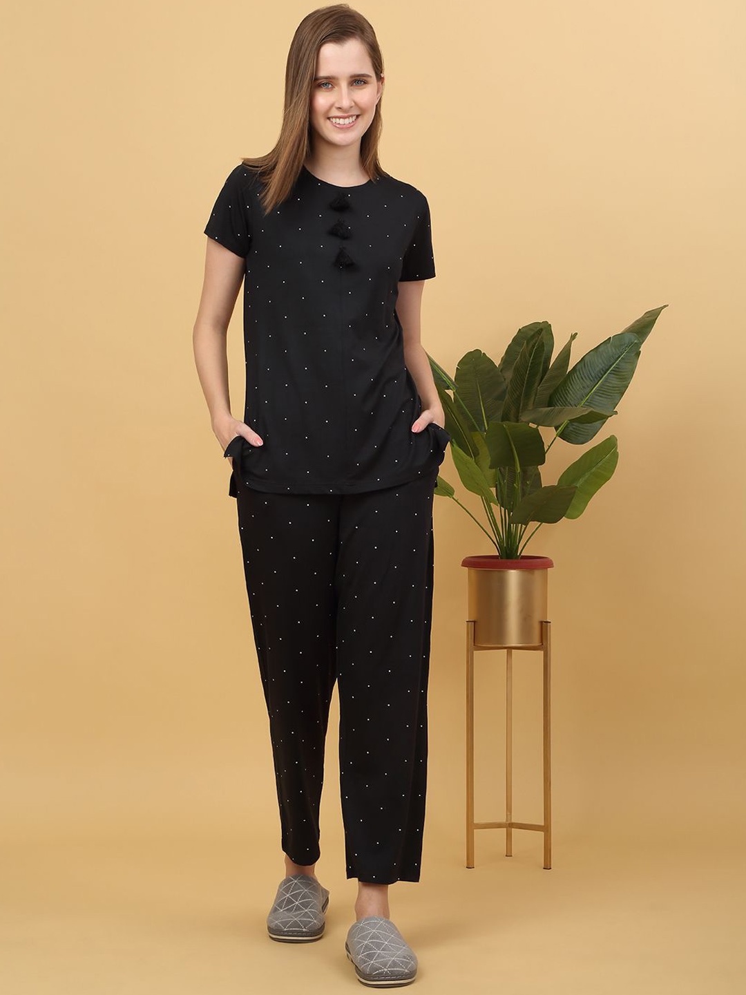 

Sweet Dreams Women polka dot Printed Night suit, Black