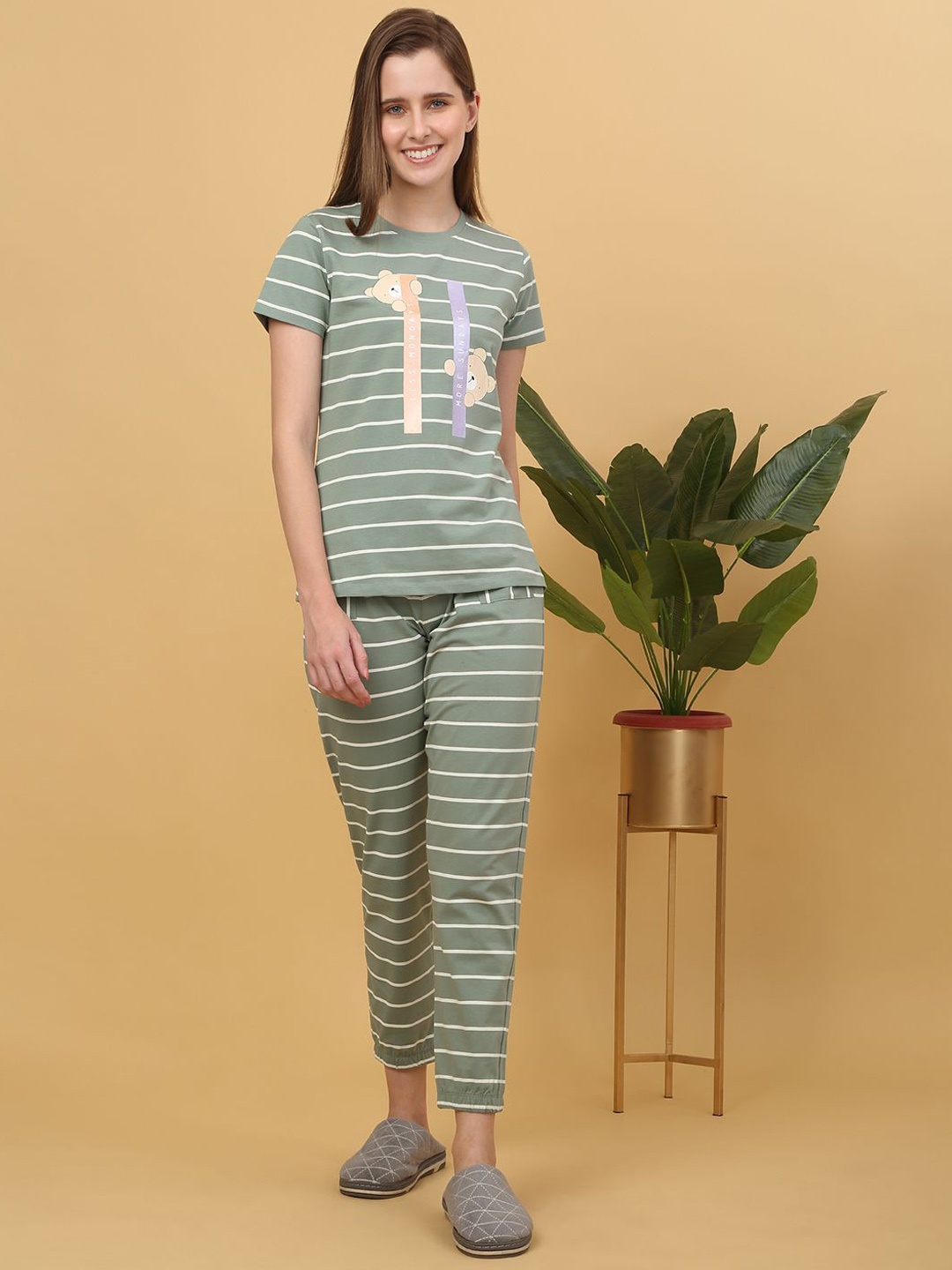 

Sweet Dreams Women pure cotton Striped Night suit, Green