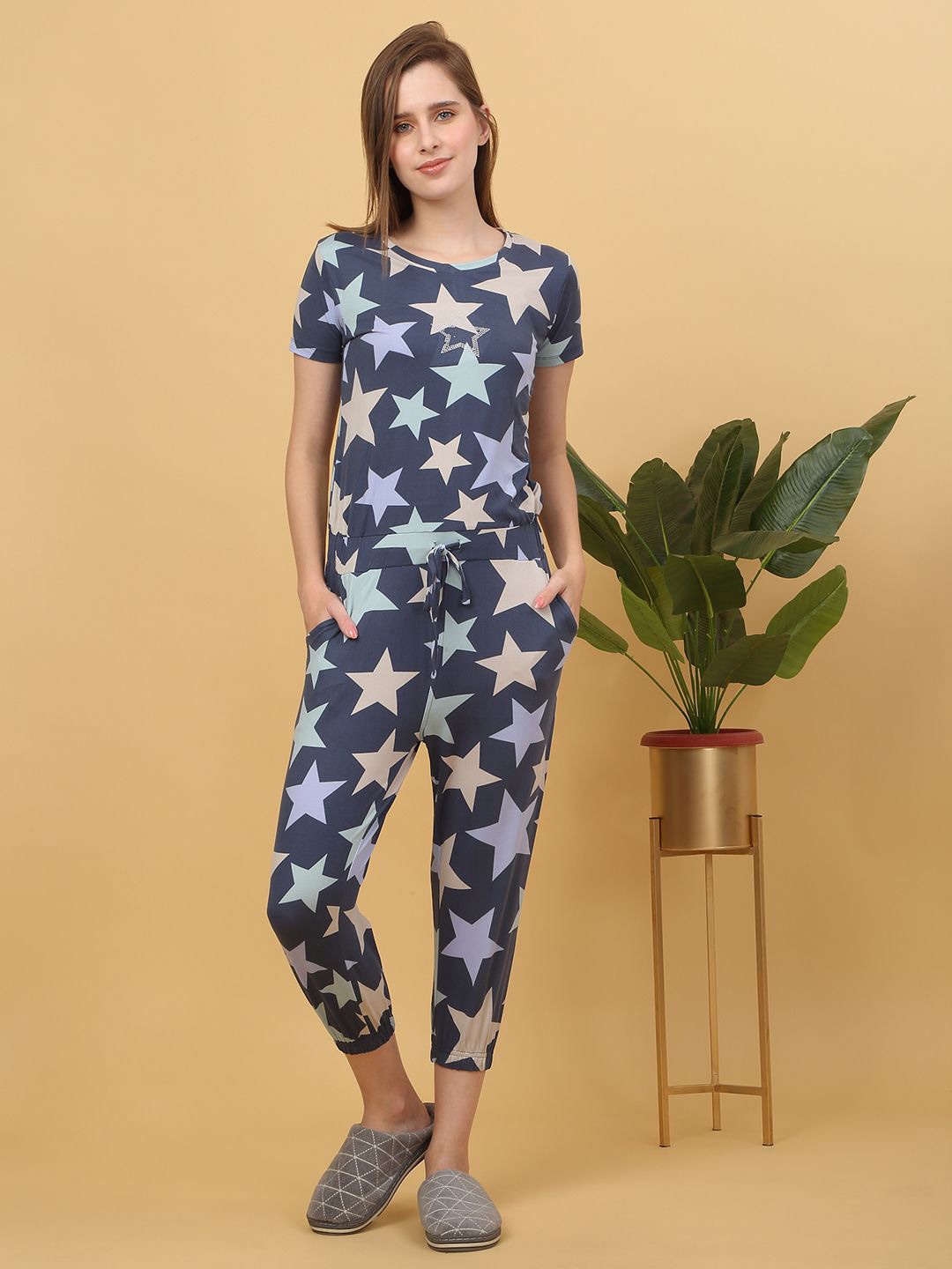 

Sweet Dreams Printed Capri Jumpsuit, Navy blue