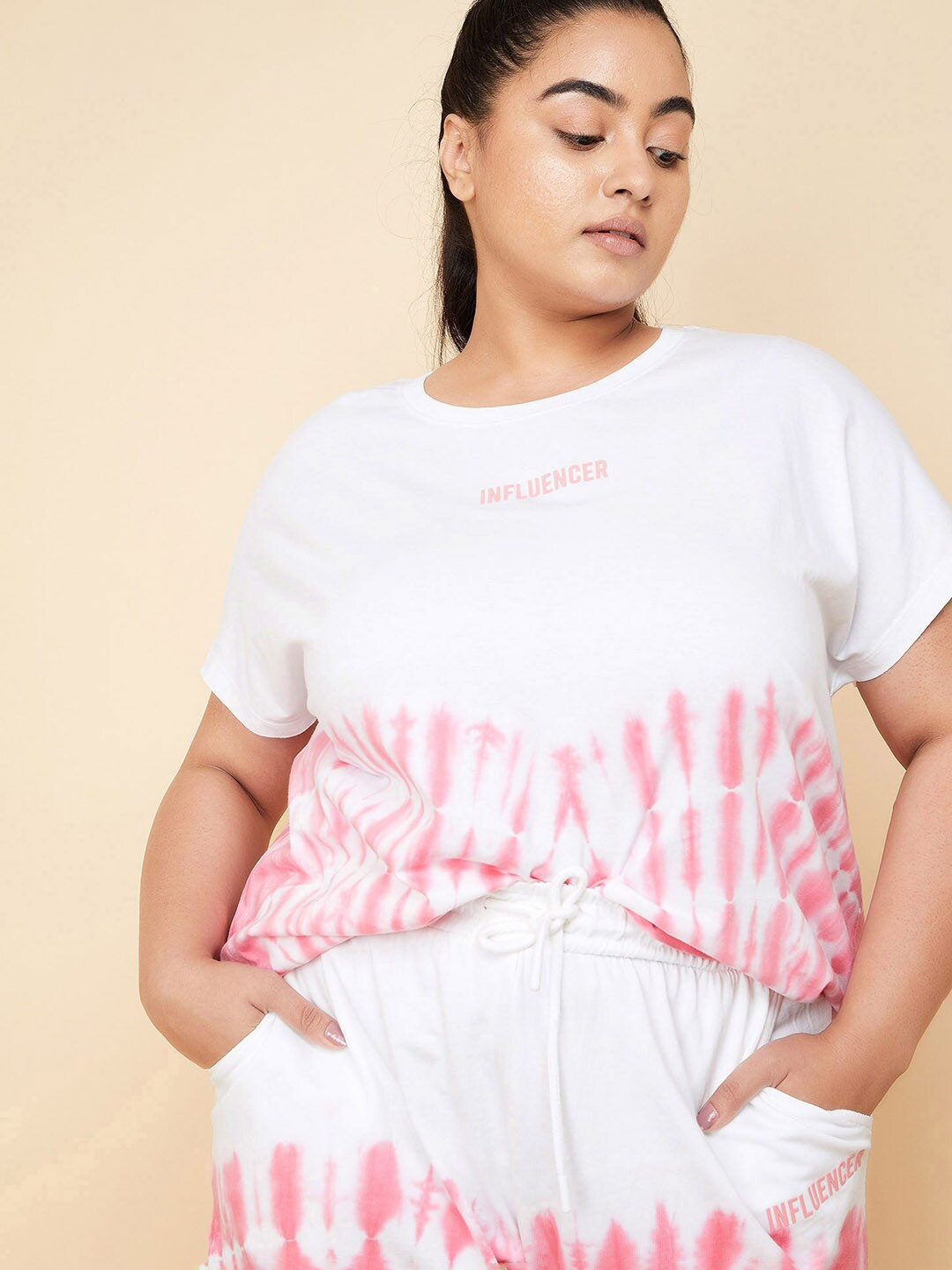 

max Women Typography Printed Dyed Round Neck Pure Cotton Plus Size T-shirt, Pink