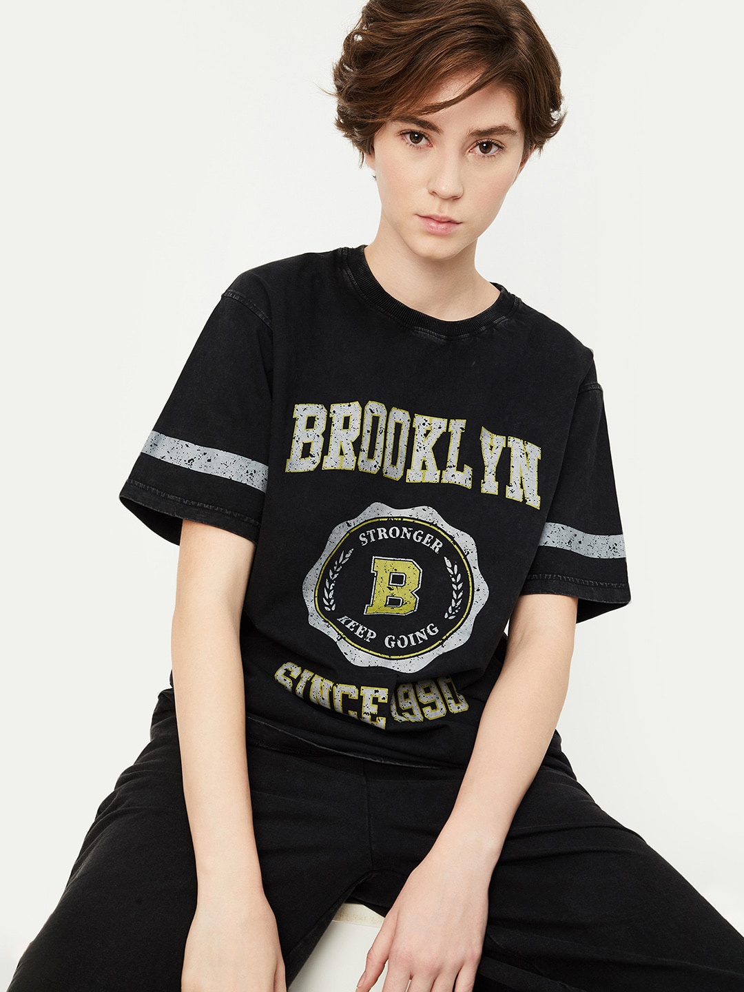 

max Women Varsity Printed Round Neck T-shirt, Black