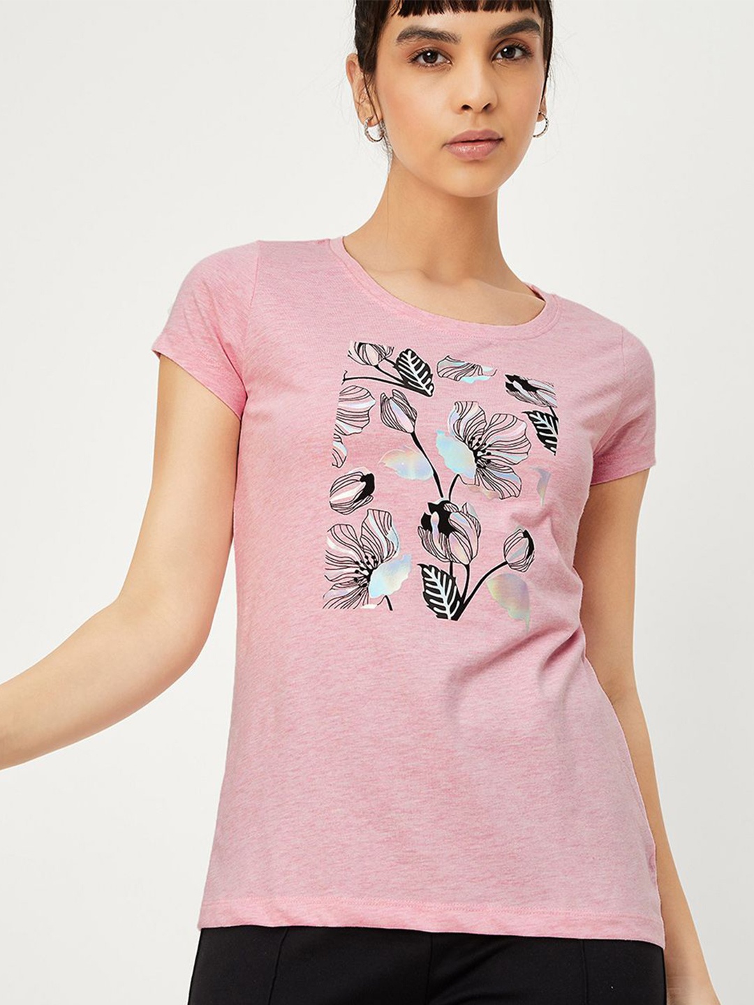 

max Women Floral Printed Round Neck Pure Cotton T-shirt, Pink