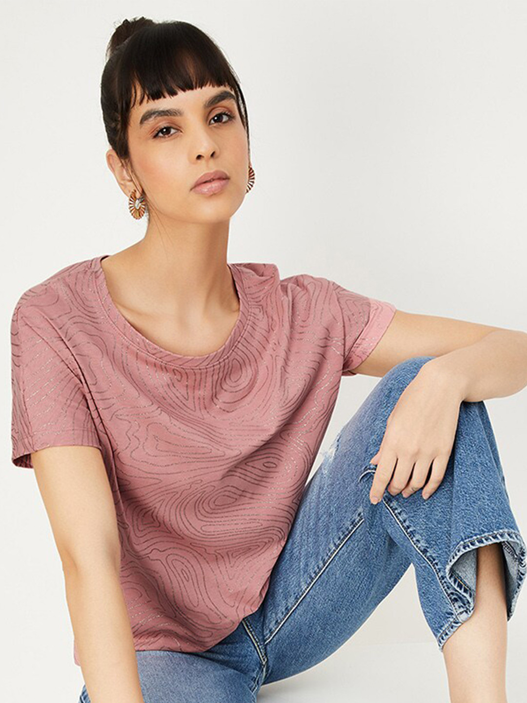 

max Women Abstract Printed Round Neck Pure Cotton T-shirt, Pink