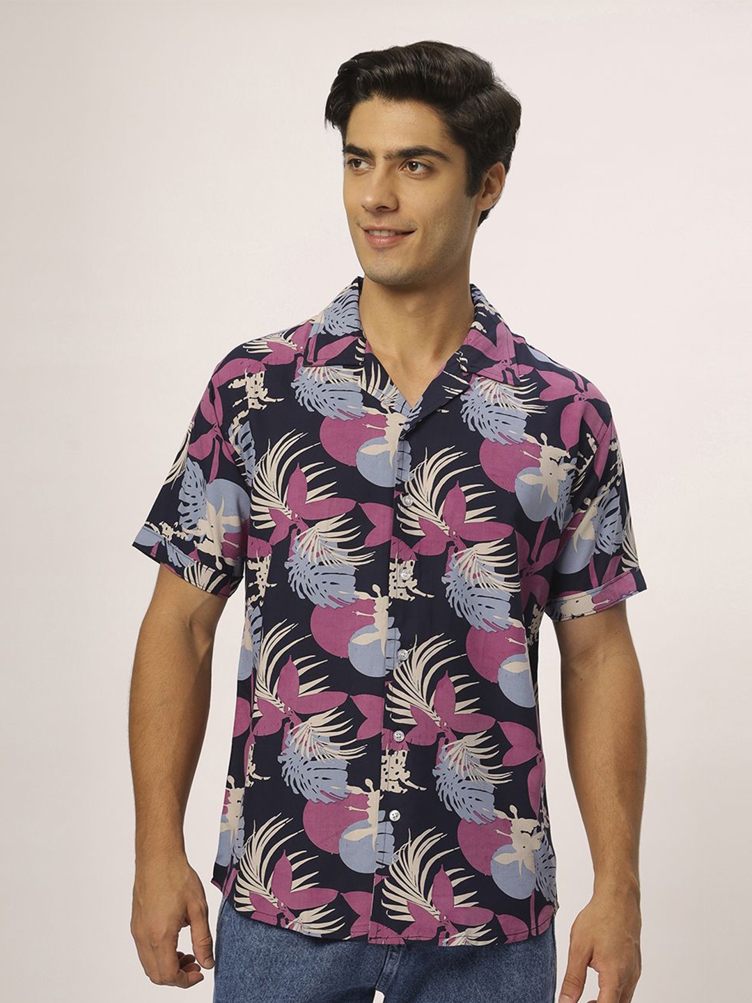 

N AND J Men Cuban Collar Relaxed Floral Printed Opaque Printed Casual Shirt, Black