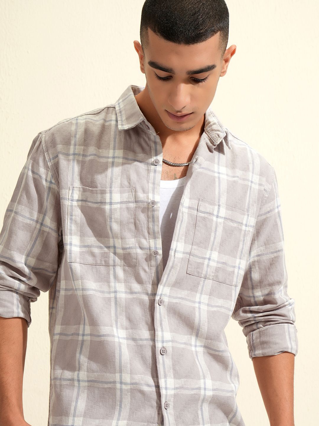 

HIGHLANDER Men Tan Dobby Textured Checked Stylised Pocket Relaxed Shirt