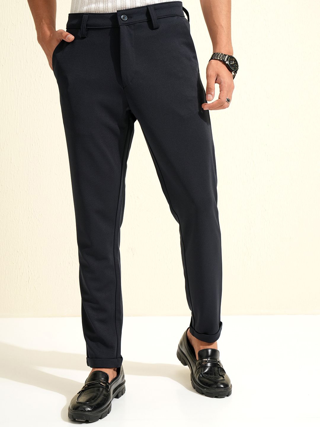 

HIGHLANDER Men Knitted Slim Comfort Fit Chinos Trouser, Navy blue