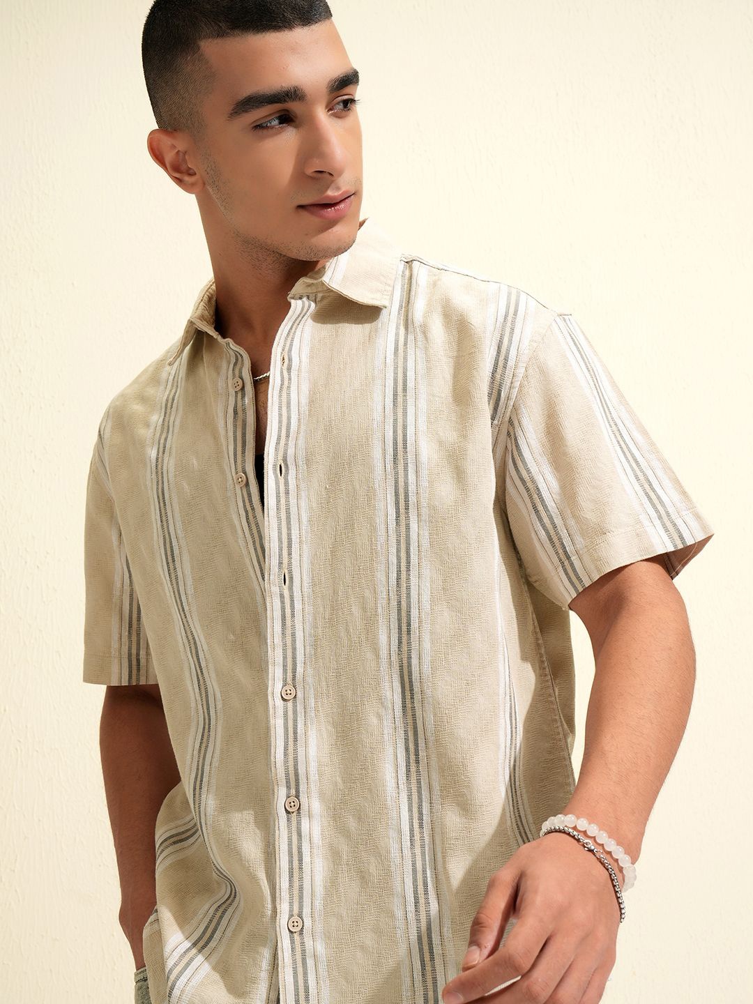 

HIGHLANDER Men Dobby Textured Striped Relaxed Shirt, Beige