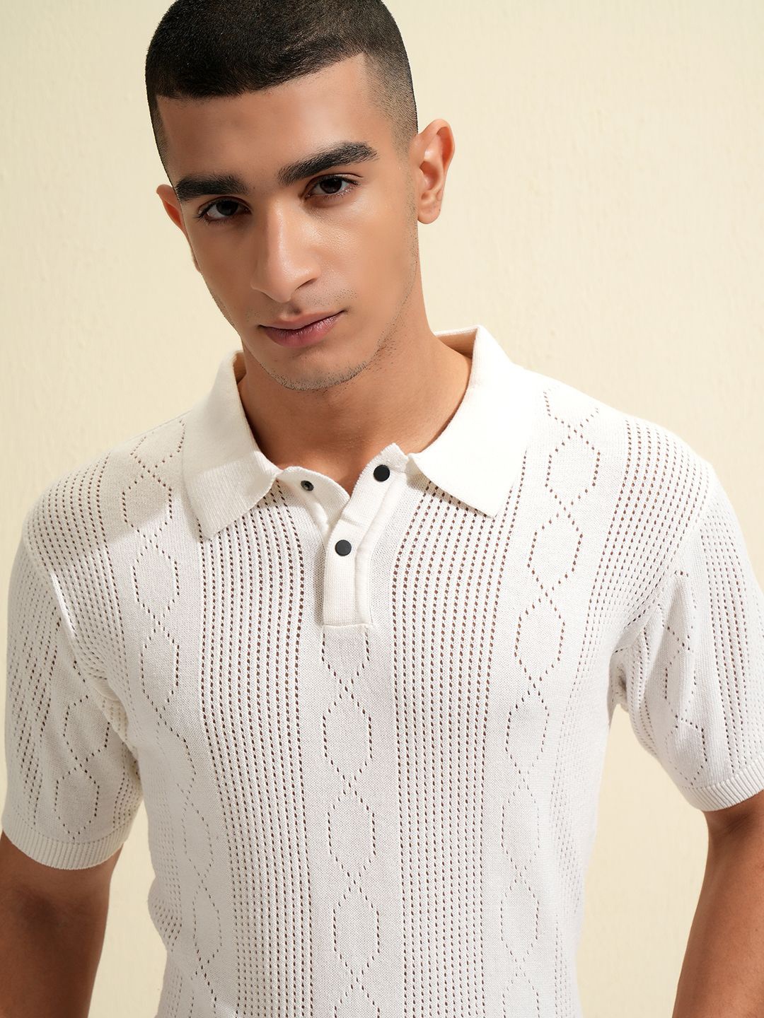 

HIGHLANDER Knitted Textured Polo Collar Cotton T-shirt, White