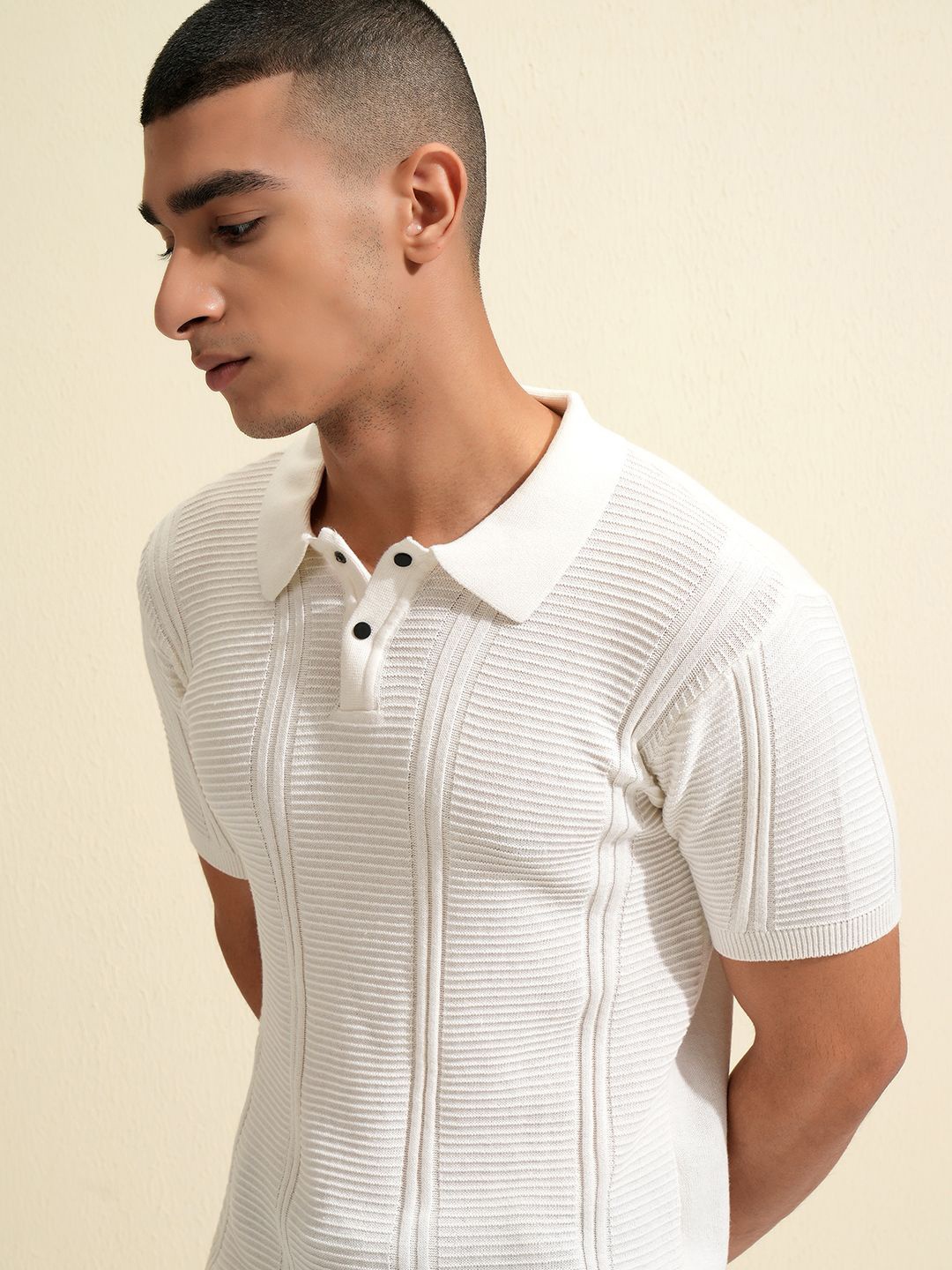 

Highlander Men Knitted Textured Polo Collar T-shirt, White