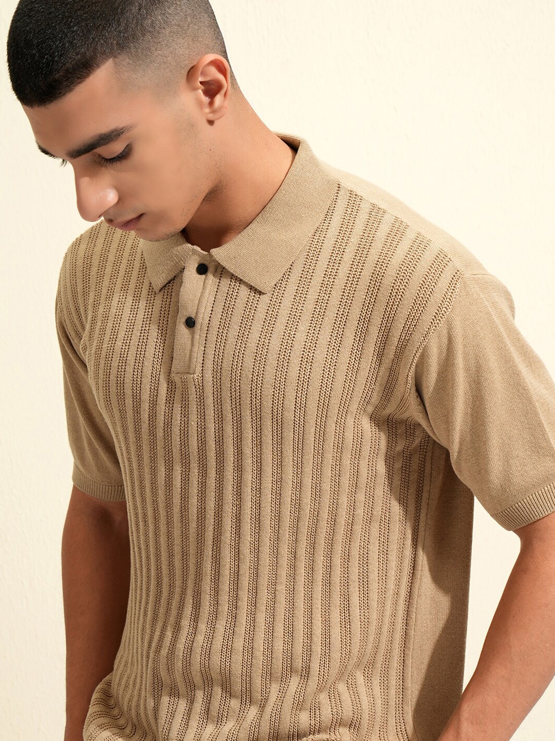 

HIGHLANDER Knitted Textured Polo Collar Cotton T-shirt, Brown