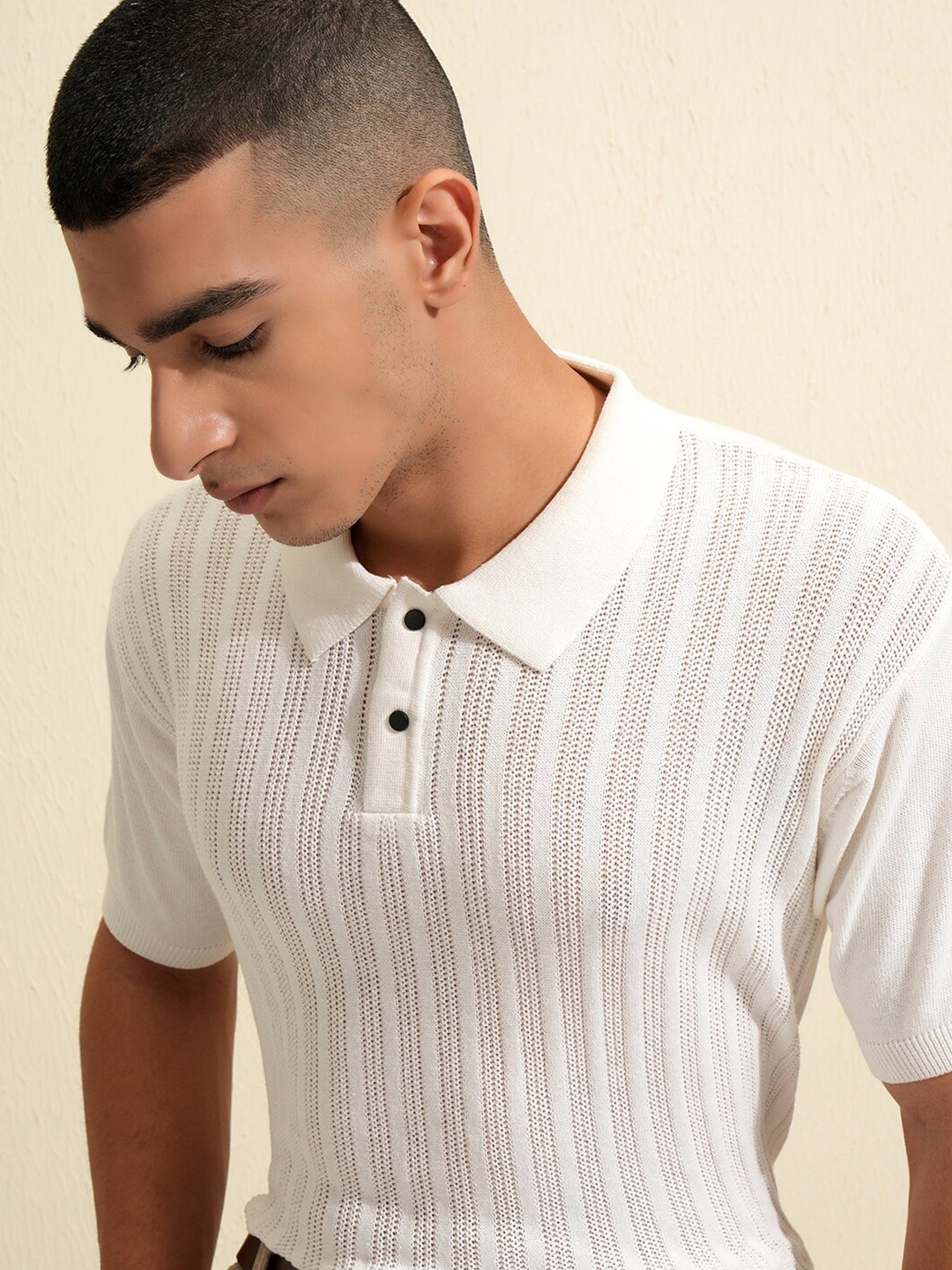 

HIGHLANDER Knitted Textured Polo Collar Cotton T-shirt, White