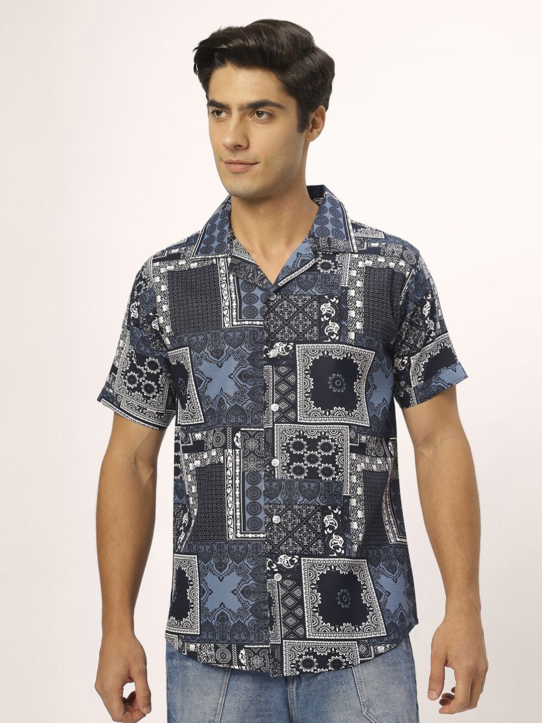 

N AND J Men Cuban Collar Ethnic Motifs Printed Relaxed Opaque Casual Shirt, Blue