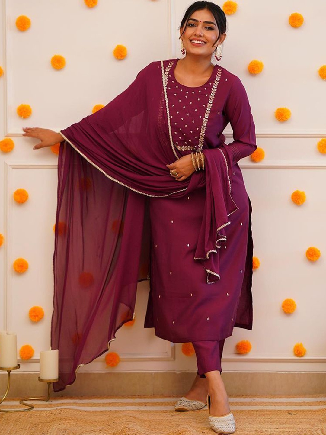 

KALINI Women Ethnic Motifs Embroidered Kurta with Trousers & With Dupatta, Purple