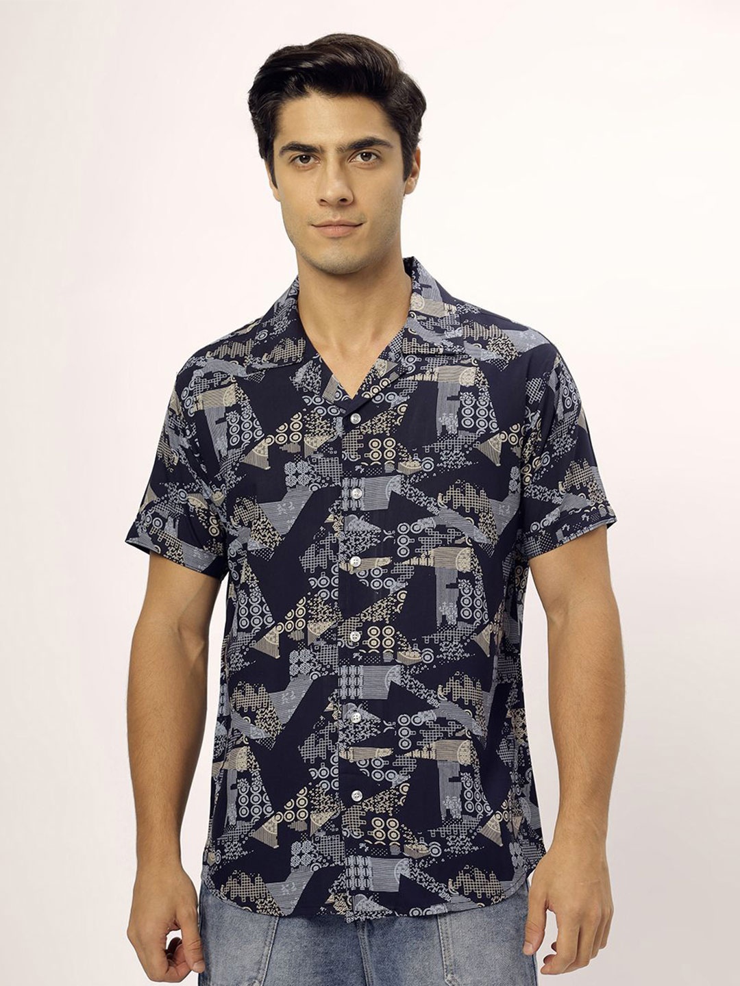 

N AND J Men Relaxed Opaque Printed Casual Shirt, Navy blue