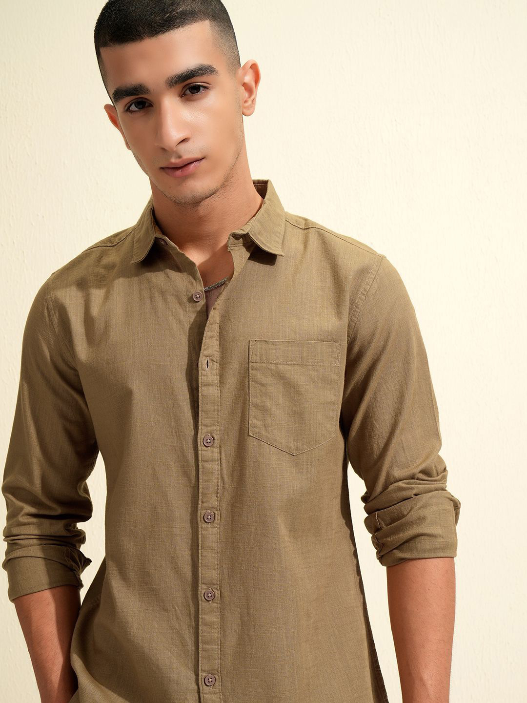 

KETCH Men Cotton Linen Solid Casual Shirt, Brown